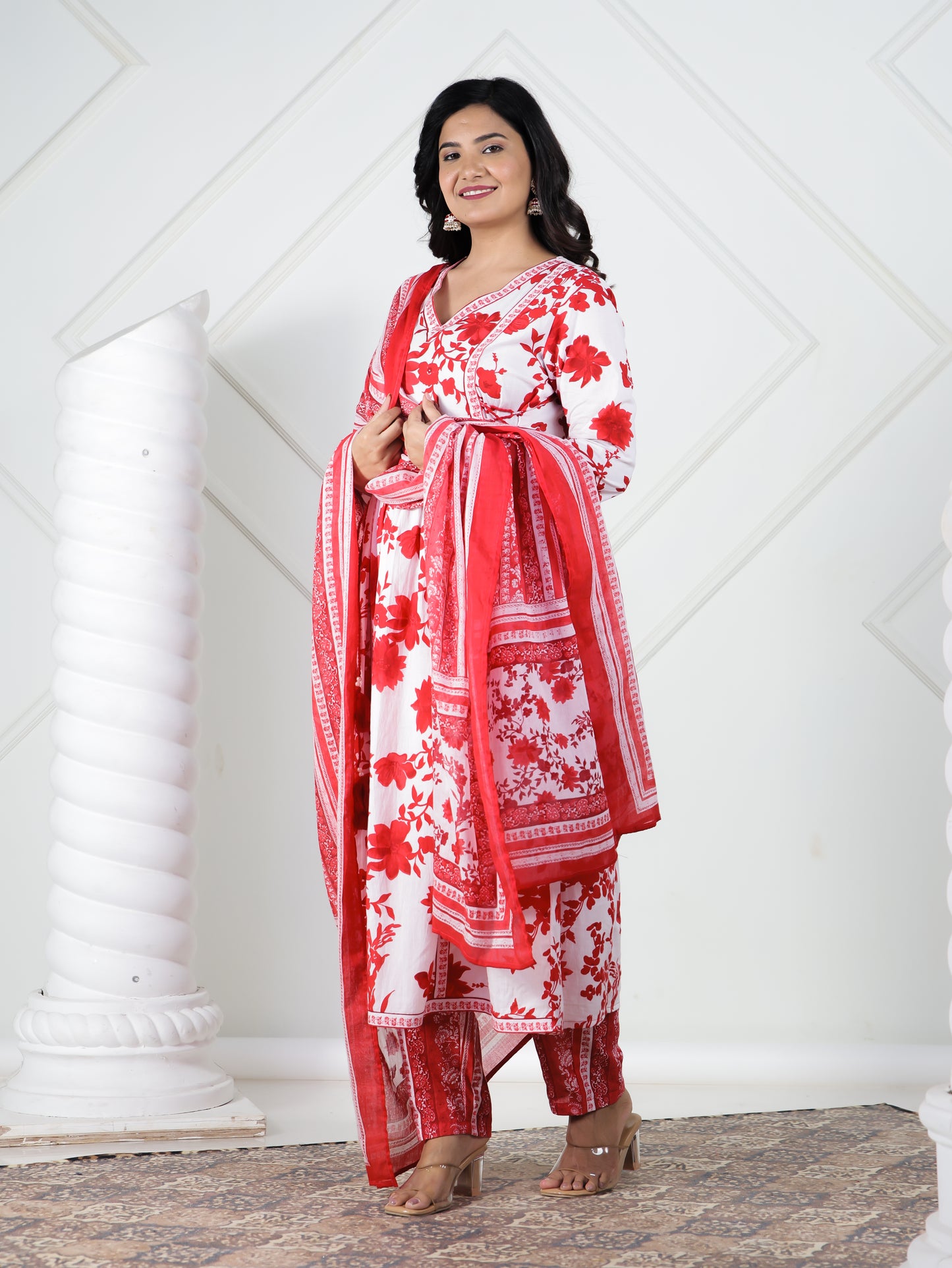 Soft Cotton Floral Flared Red Kurta