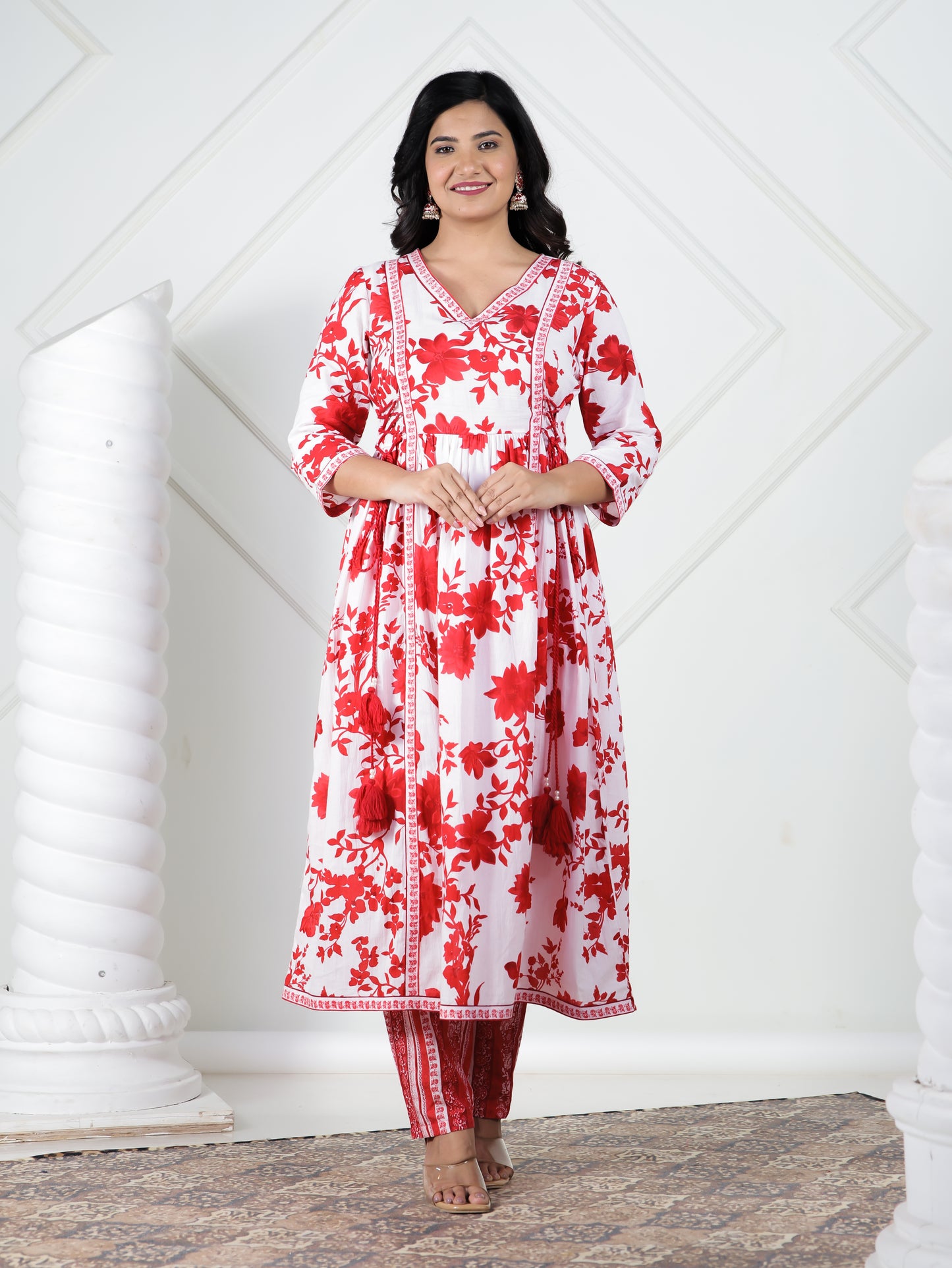 Soft Cotton Floral Flared Red Kurta