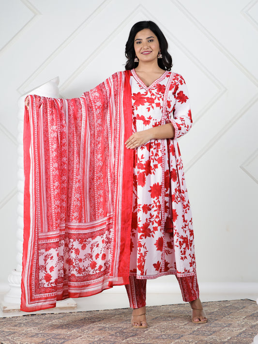 Soft Cotton Floral Flared Red Kurta