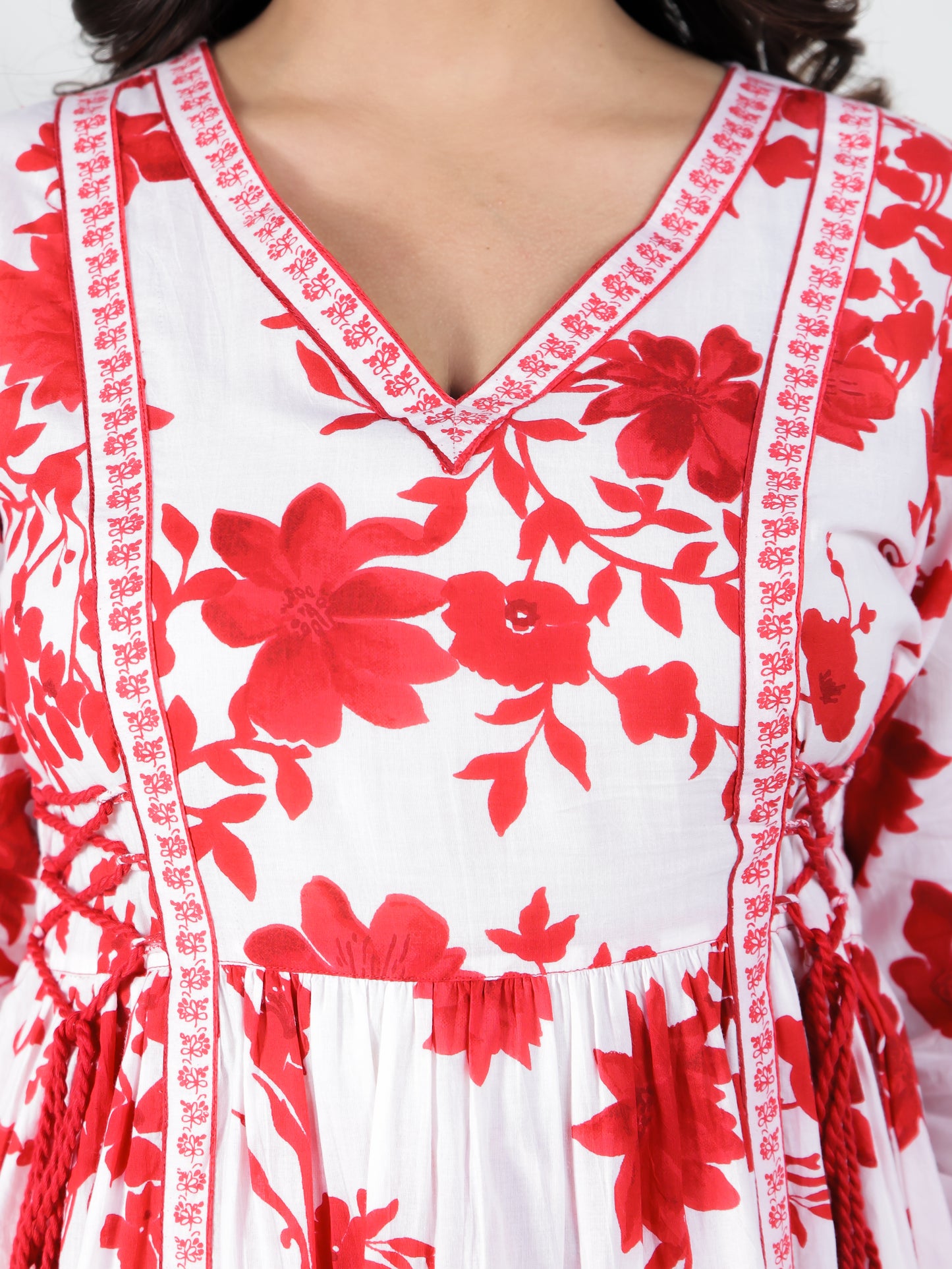 Soft Cotton Floral Flared Red Kurta