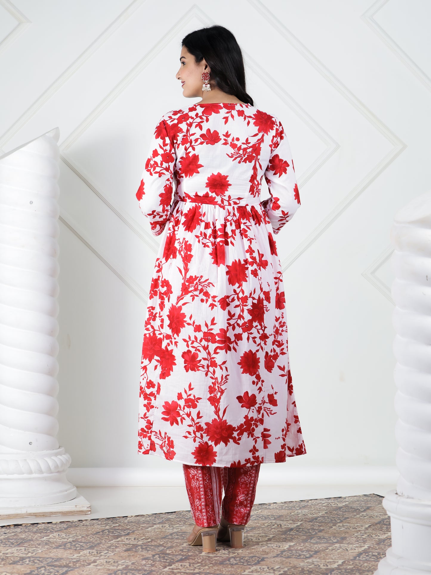 Soft Cotton Floral Flared Red Kurta