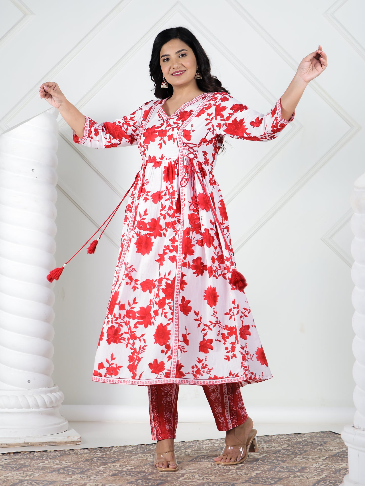 Soft Cotton Floral Flared Red Kurta