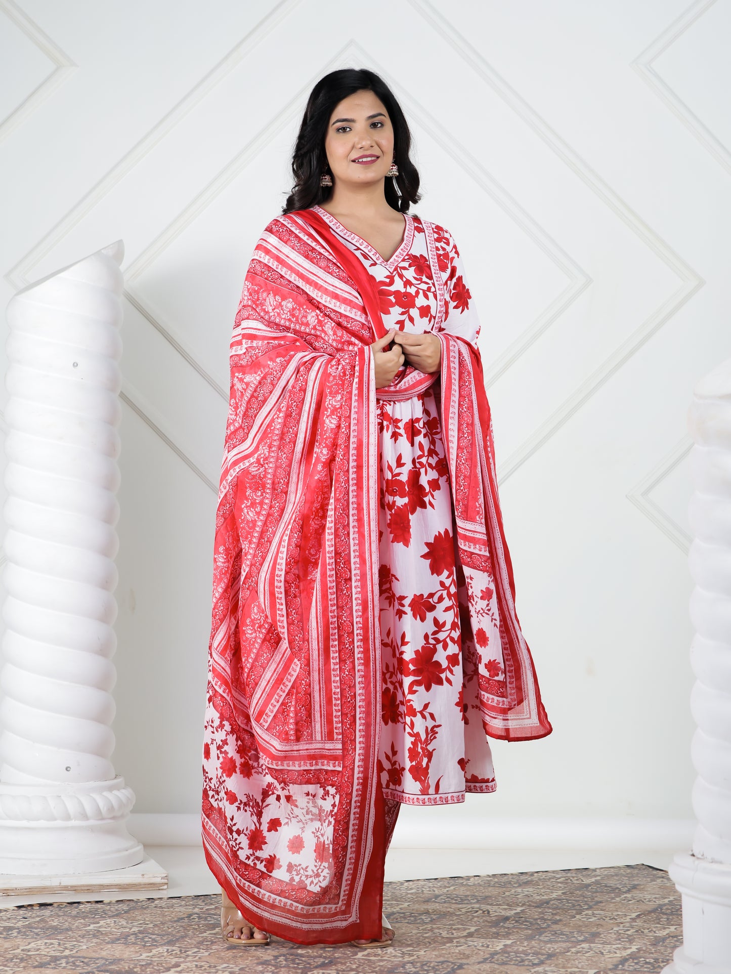Soft Cotton Floral Flared Red Kurta