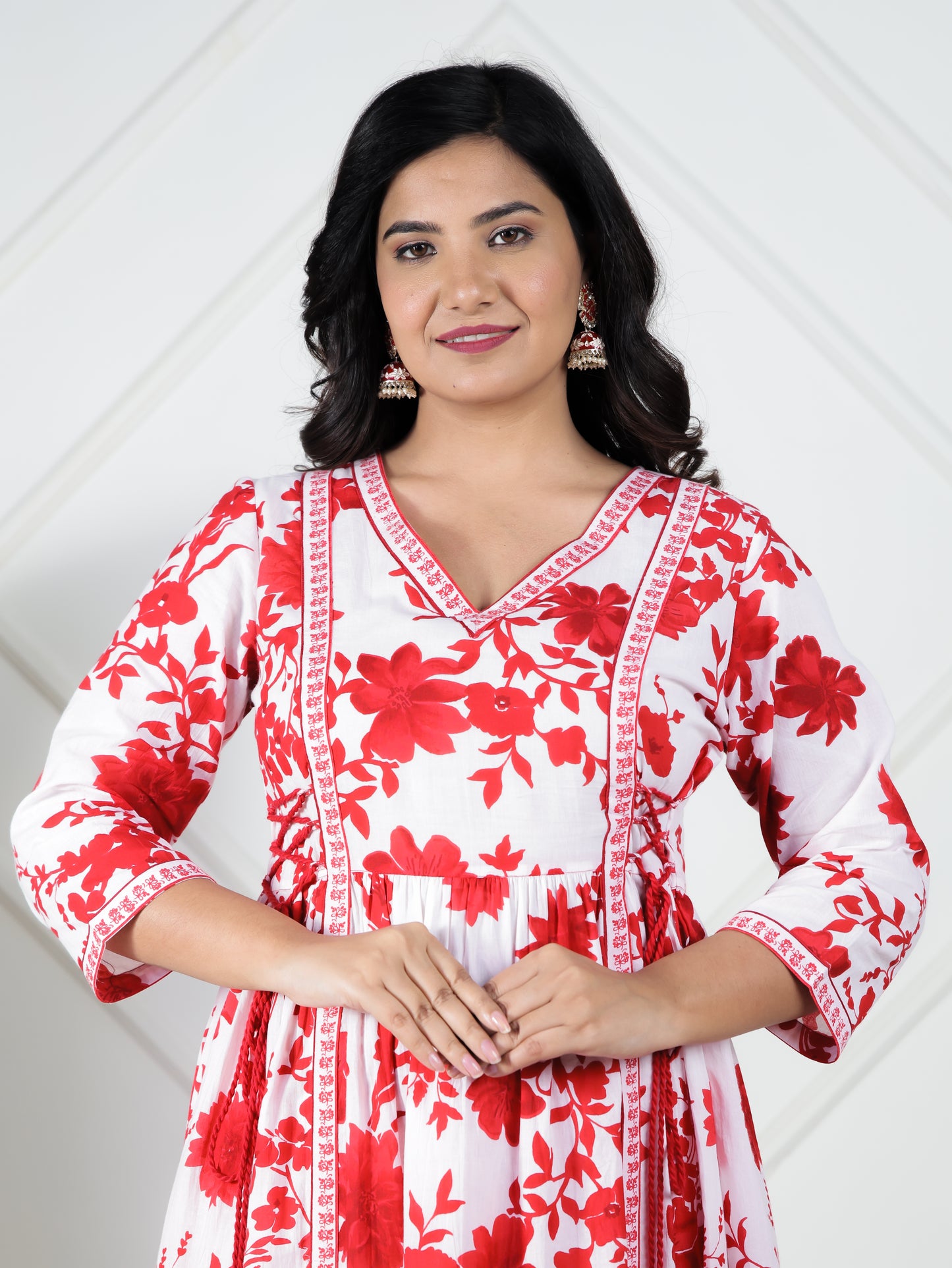 Soft Cotton Floral Flared Red Kurta