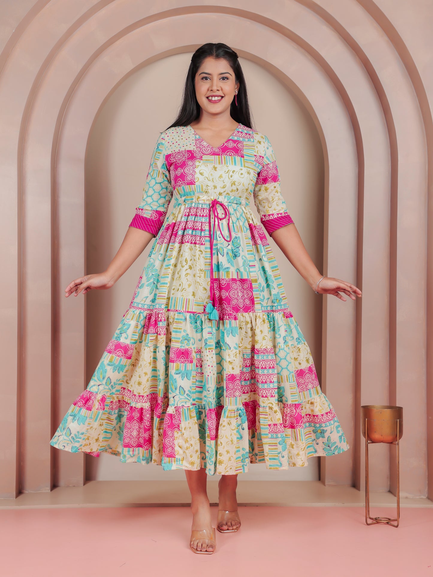 Soft Cotton Abstract Anarkali Multicoloured Dress