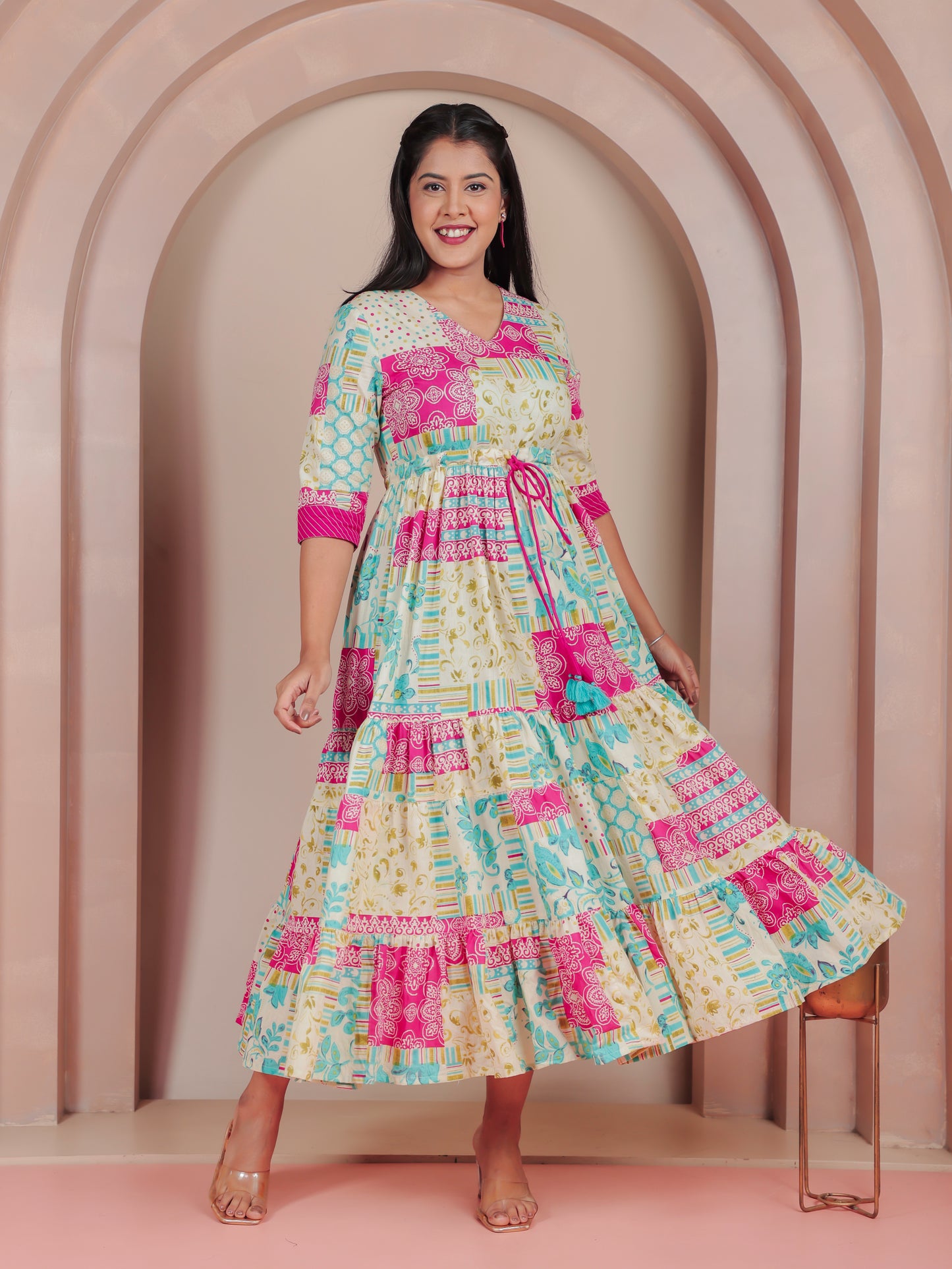 Soft Cotton Abstract Anarkali Multicoloured Dress