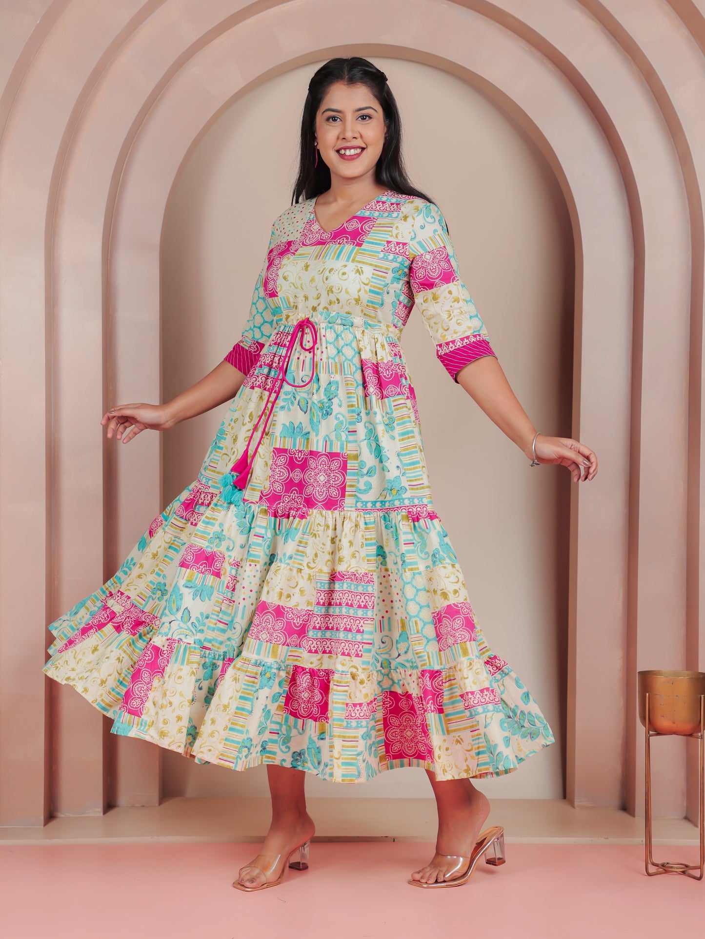 Soft Cotton Abstract Anarkali Multicoloured Dress