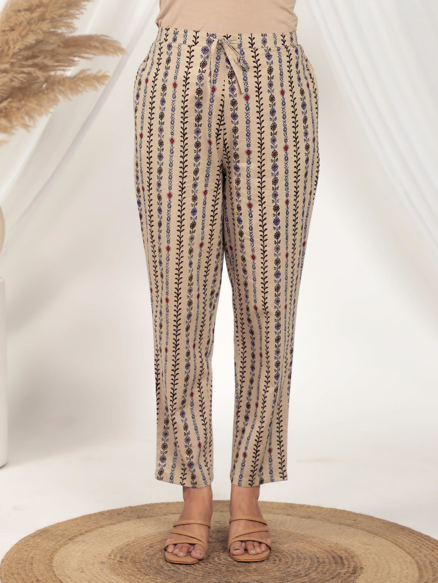 Soft Cotton Striped Beige Tapered Trousers