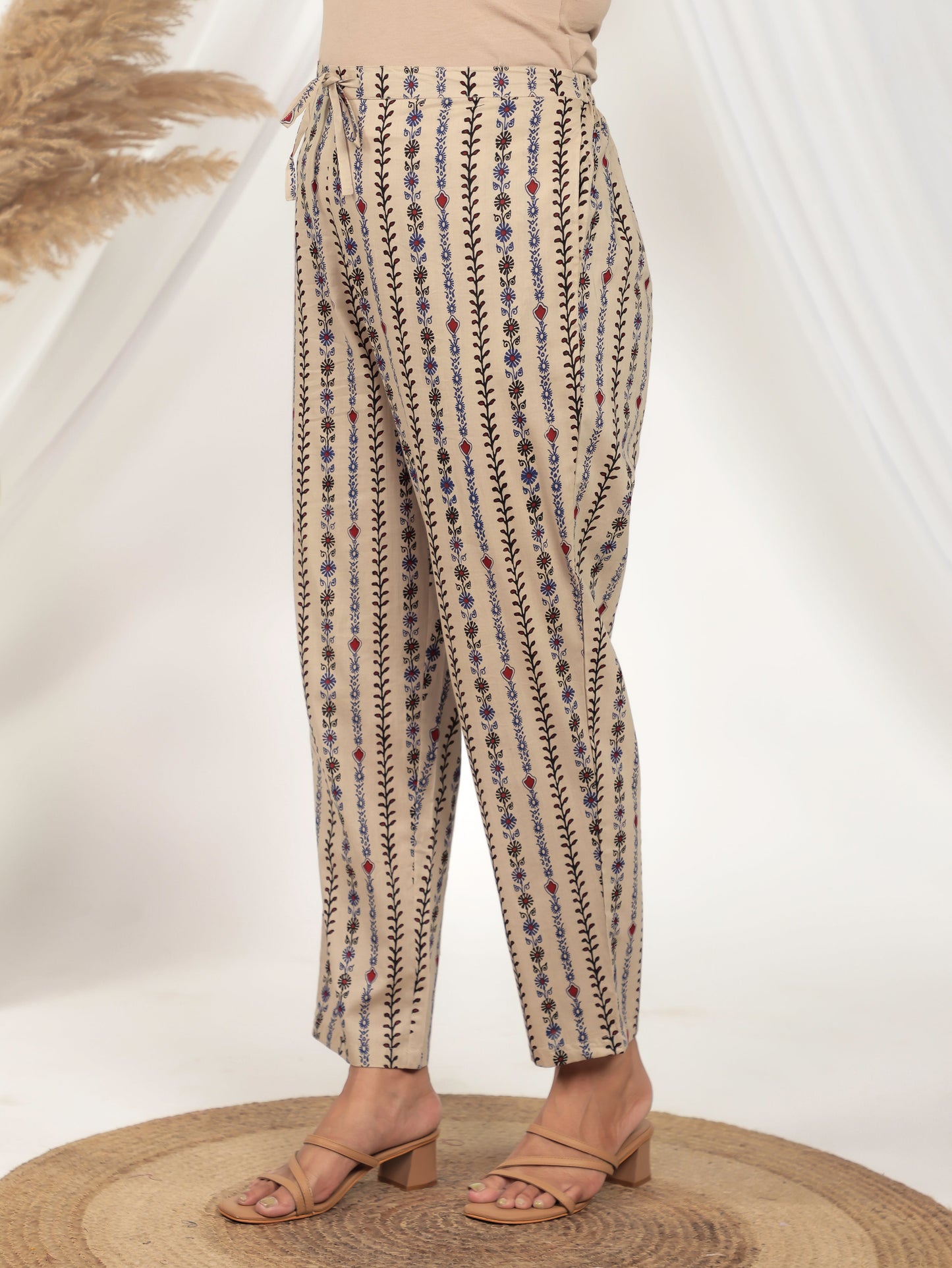 Soft Cotton Striped Beige Tapered Trousers