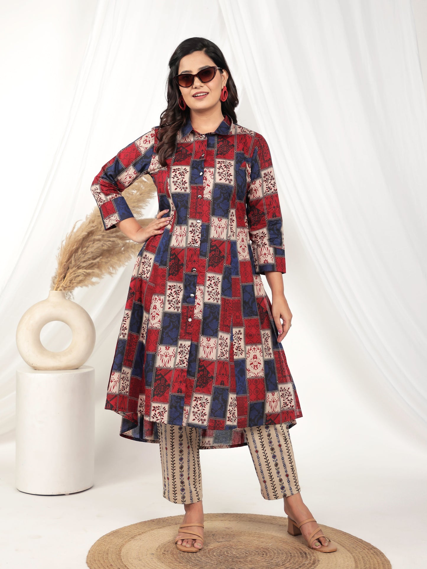 Soft Cotton Patchwork High Low Red Kurta