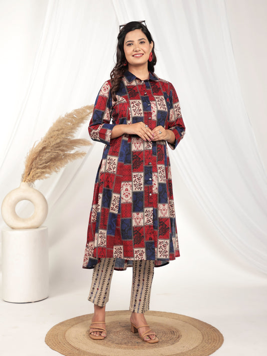Soft Cotton Patchwork High Low Red Kurta