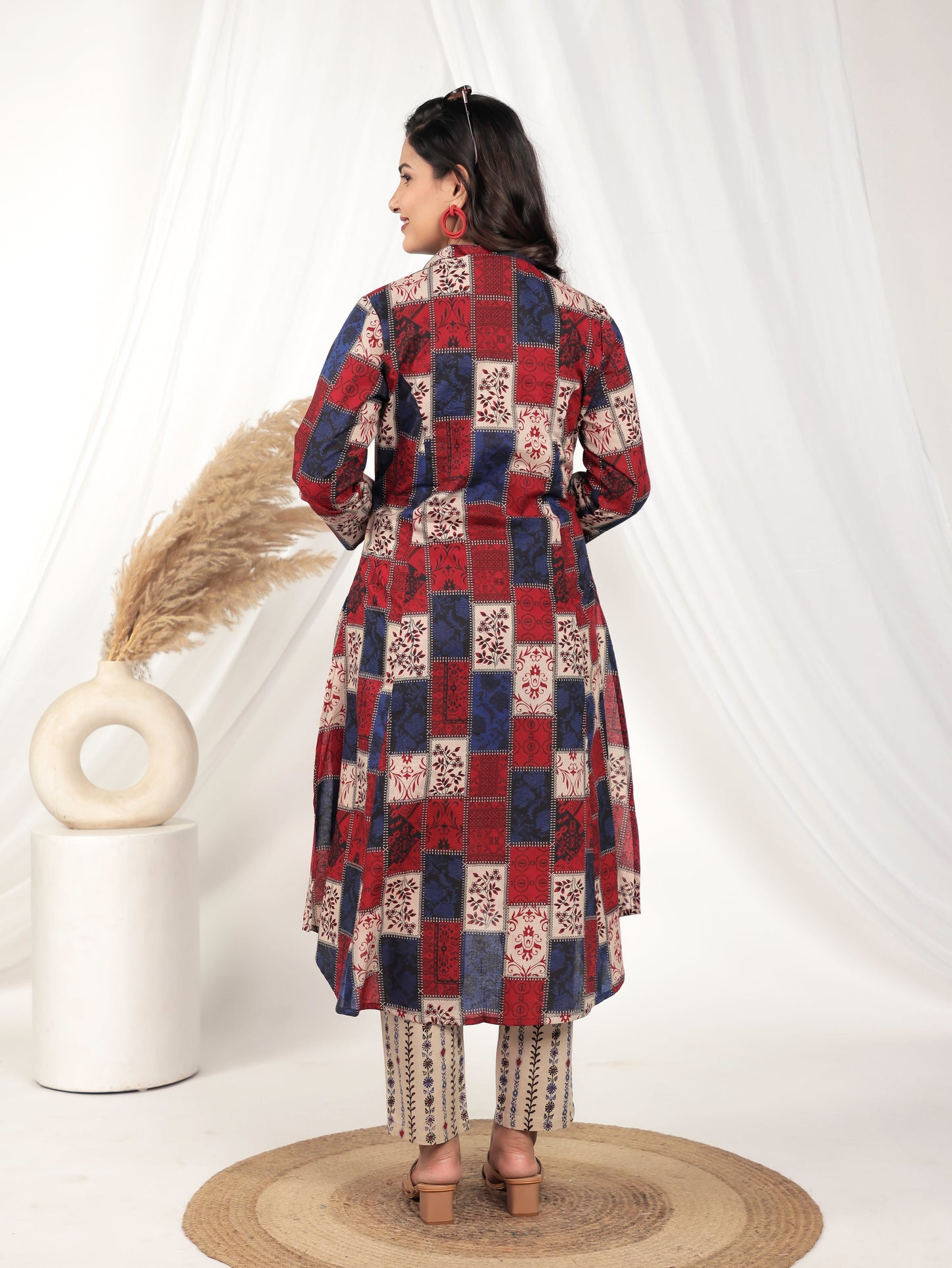Soft Cotton Patchwork High Low Red Kurta