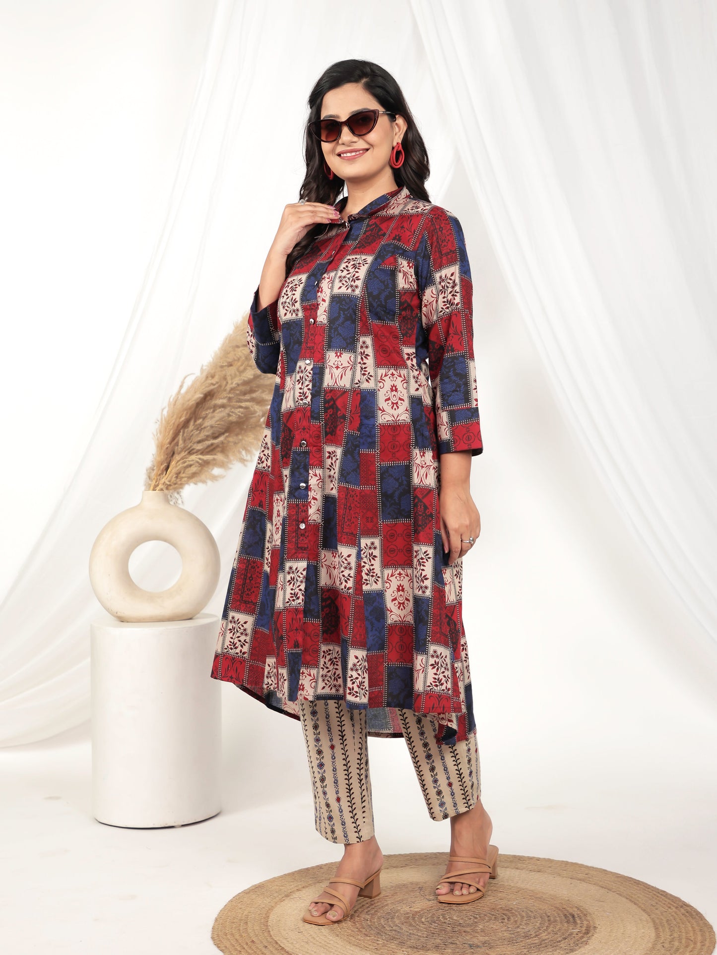 Soft Cotton Patchwork High Low Red Kurta