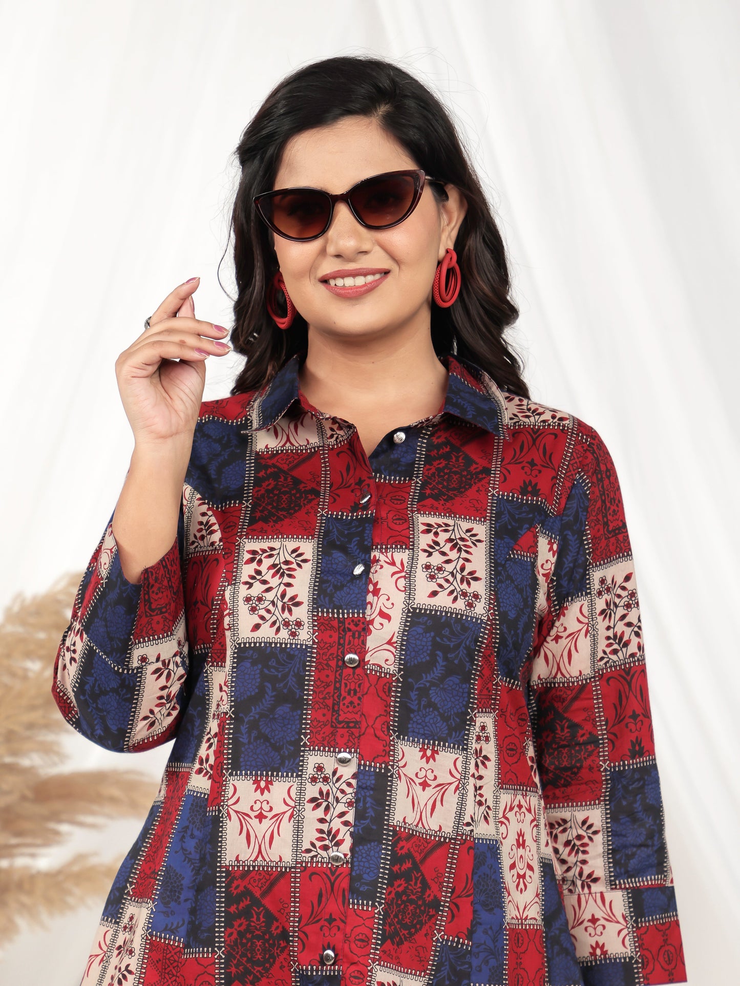 Soft Cotton Patchwork High Low Red Kurta