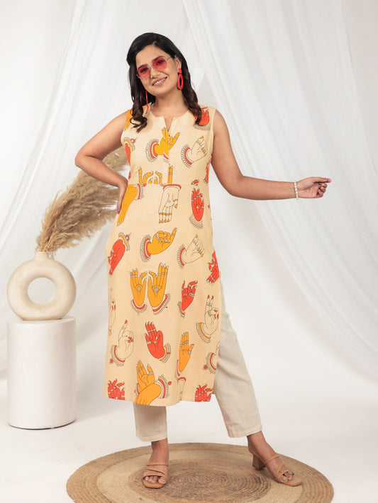 Linen Cotton Abstract Beige Kurta