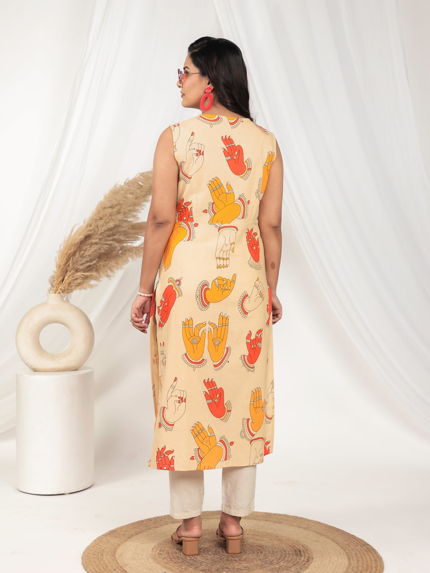 Linen Cotton Abstract Beige Kurta