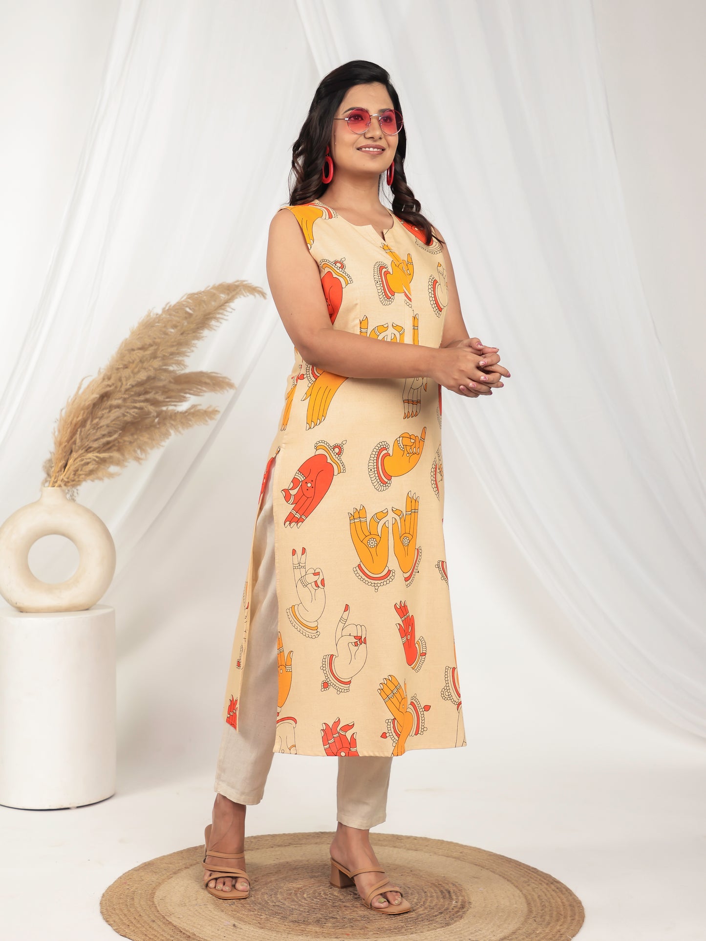 Linen Cotton Abstract Beige Kurta