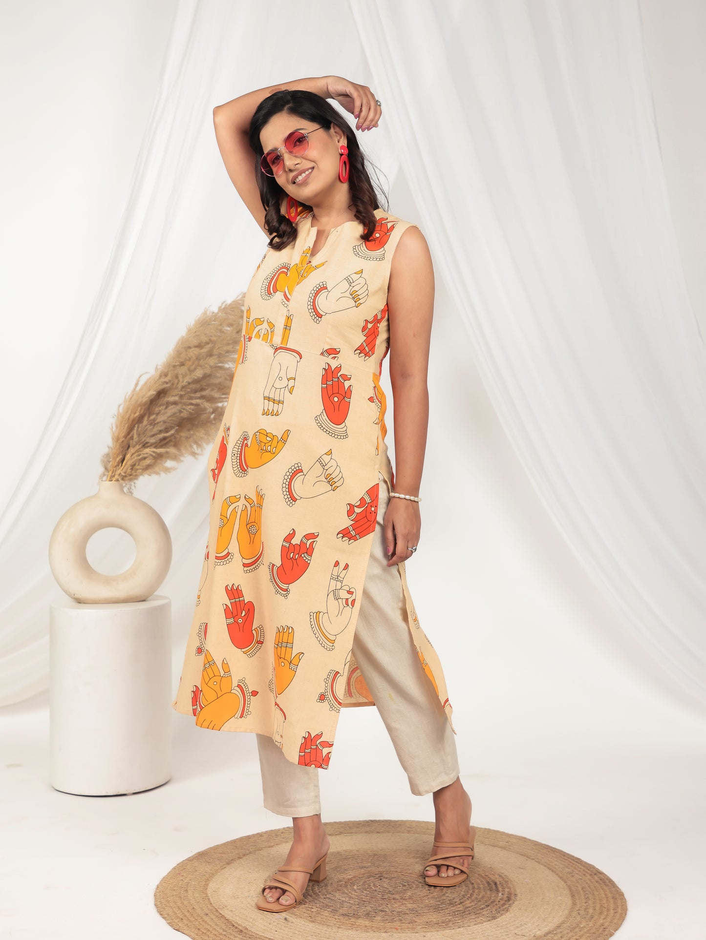 Linen Cotton Abstract Beige Kurta