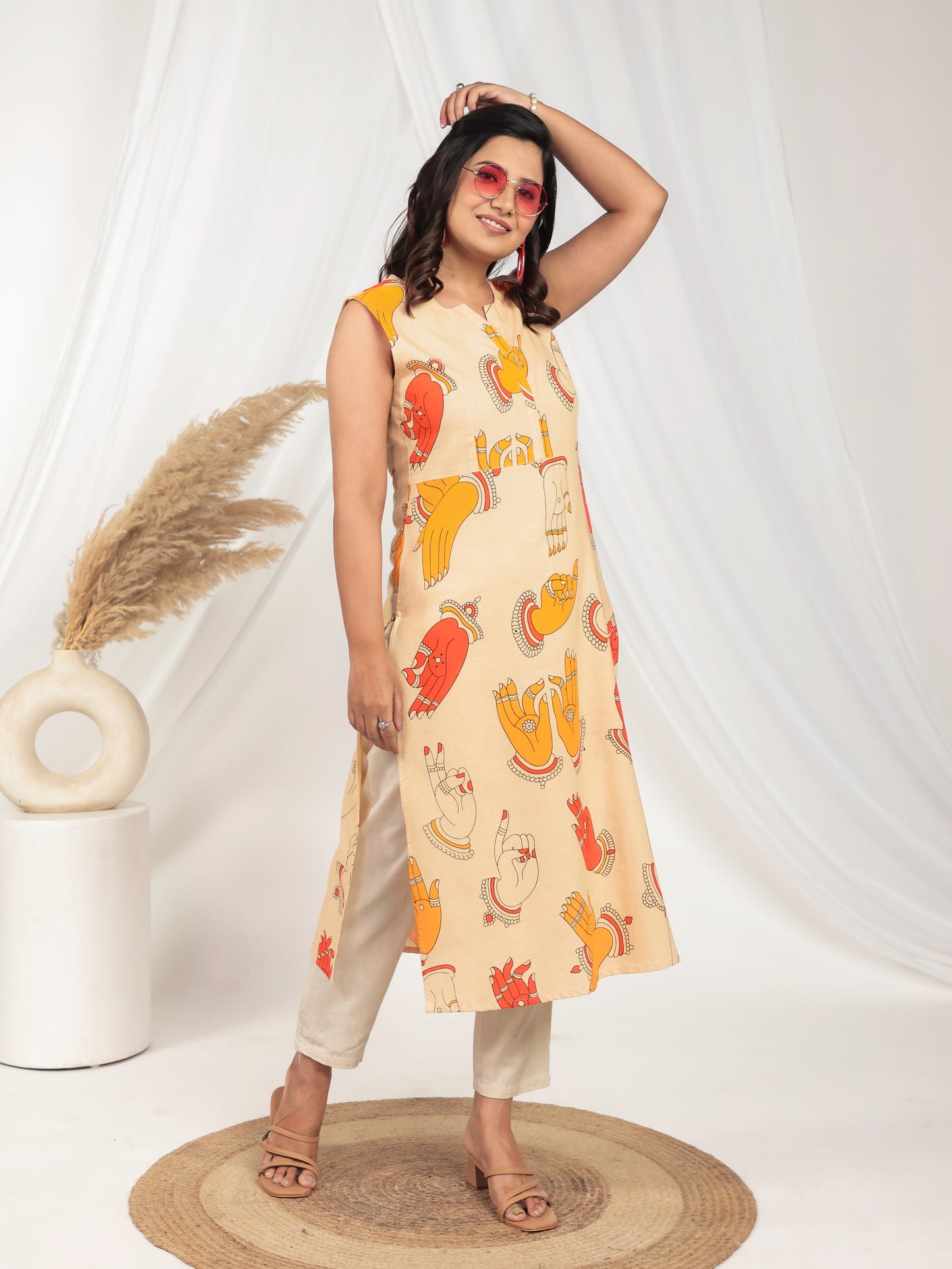 Linen Cotton Abstract Beige Kurta