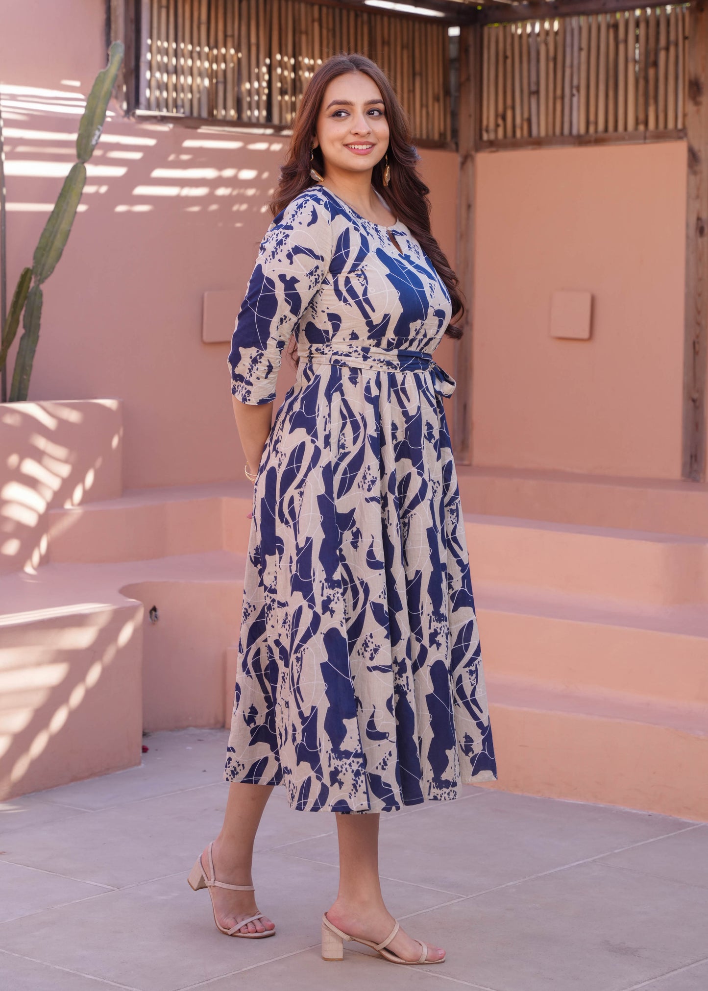 Soft Cotton Abstract Flared Cream Dress
