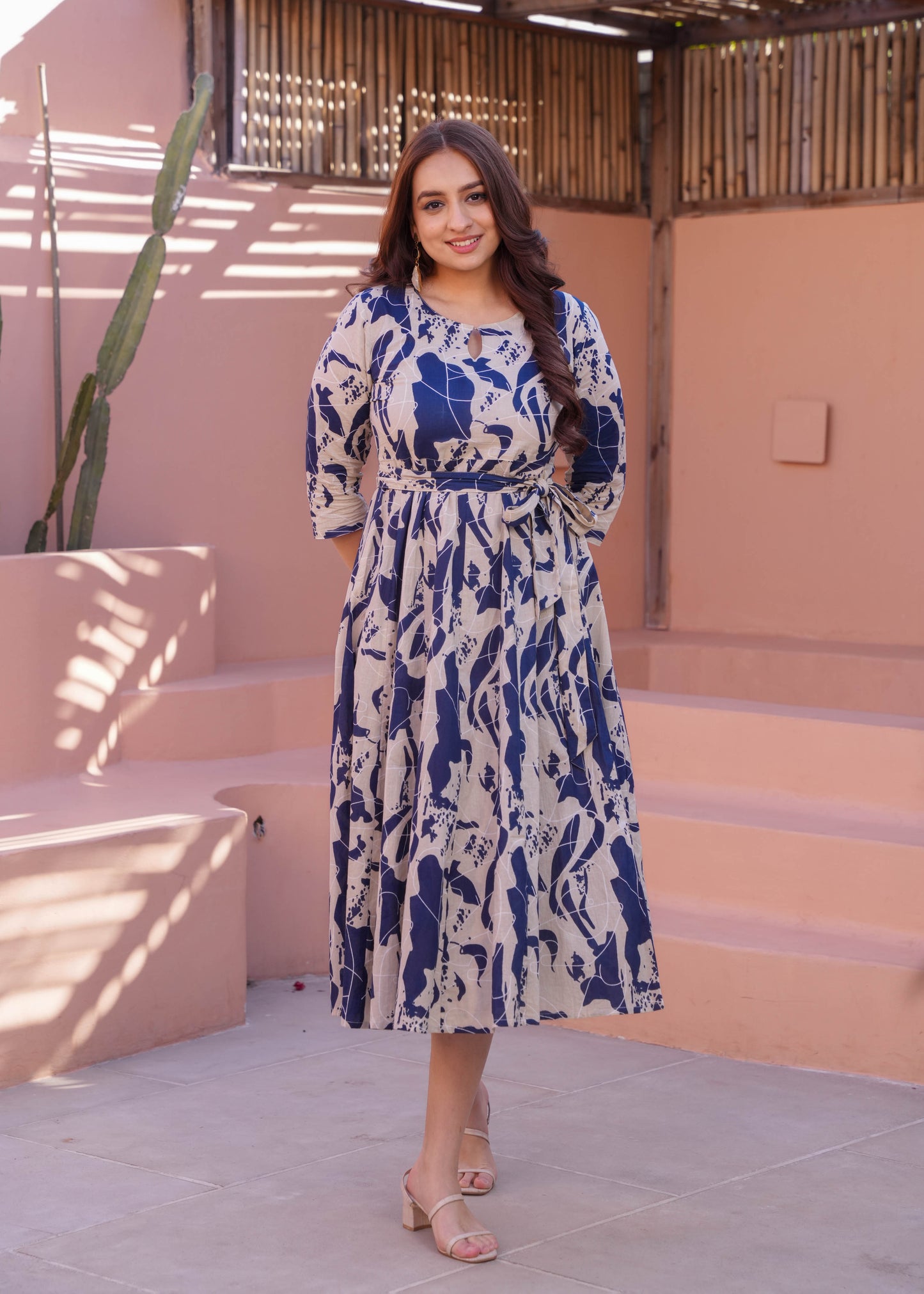 Soft Cotton Abstract Flared Cream Dress