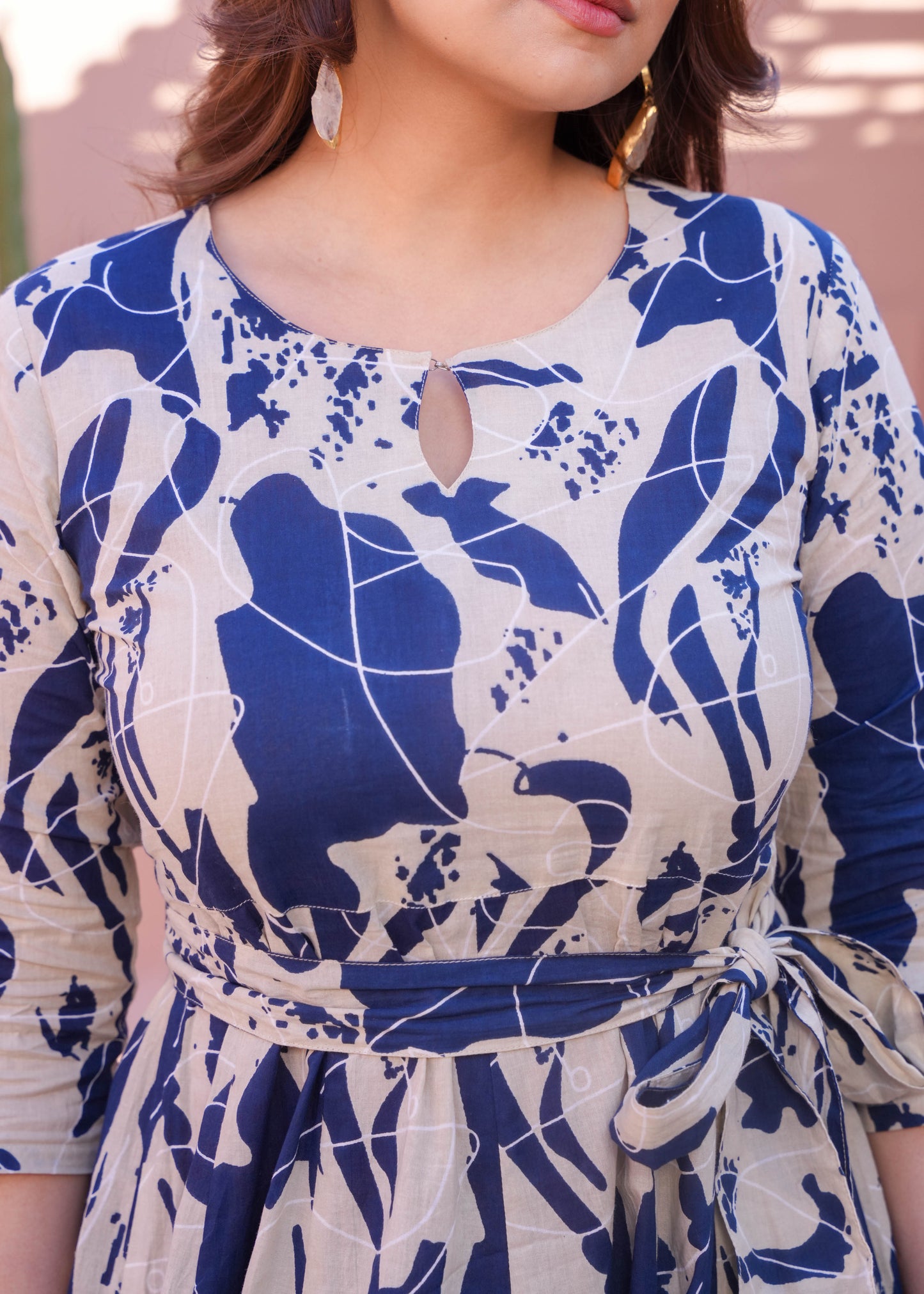 Soft Cotton Abstract Flared Cream Dress