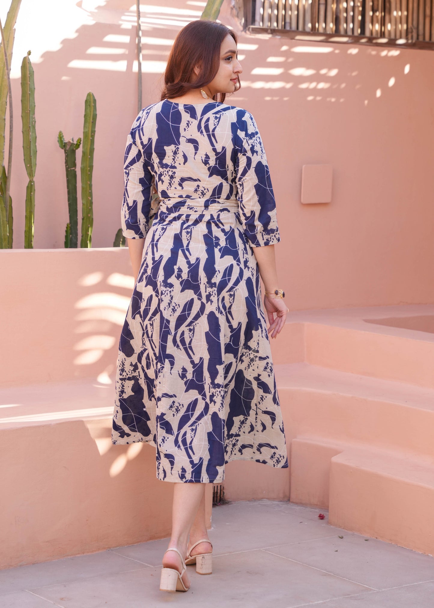 Soft Cotton Abstract Flared Cream Dress