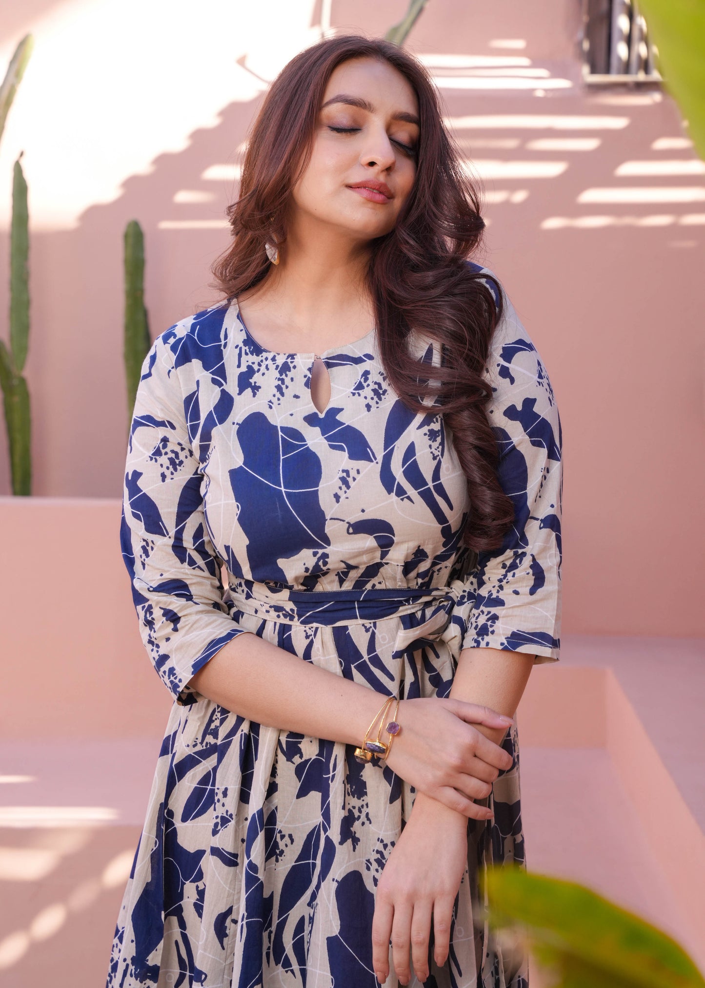 Soft Cotton Abstract Flared Cream Dress