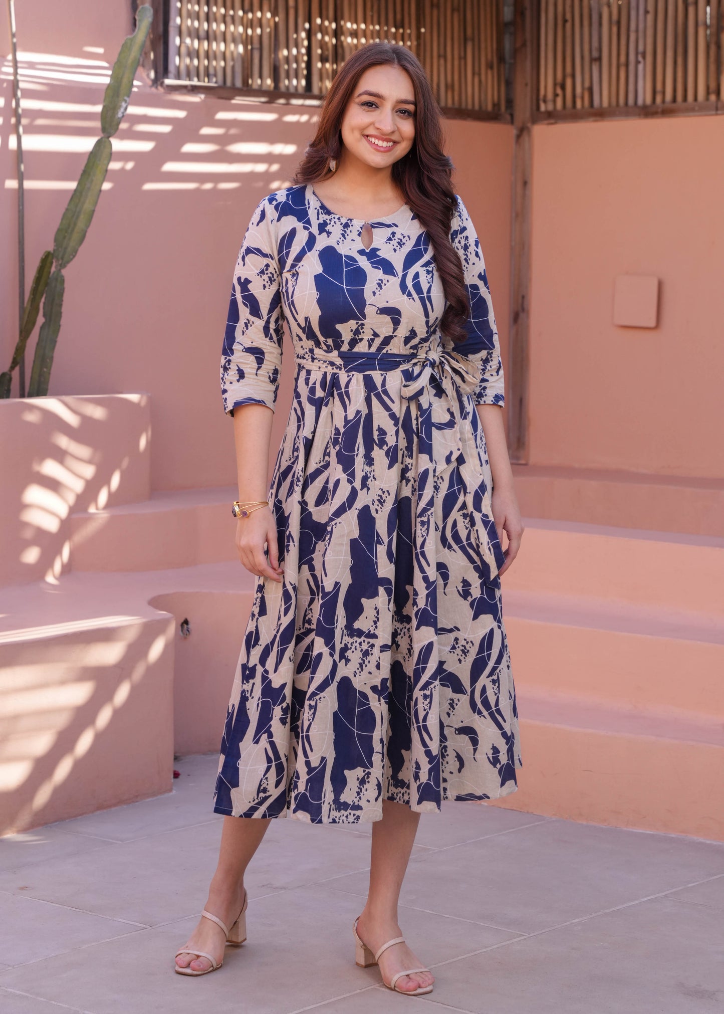 Soft Cotton Abstract Flared Cream Dress