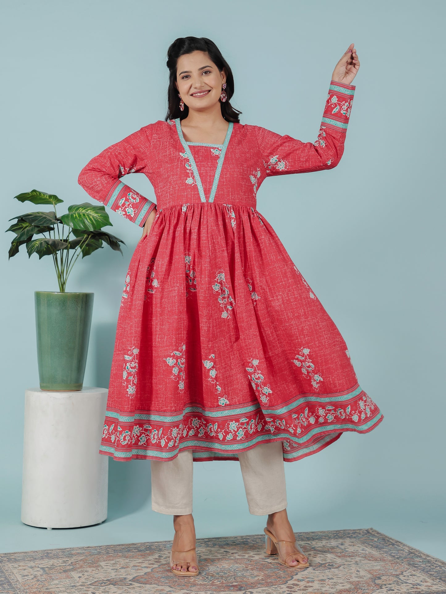 Soft Cotton Floral Anarkali Red Kurta