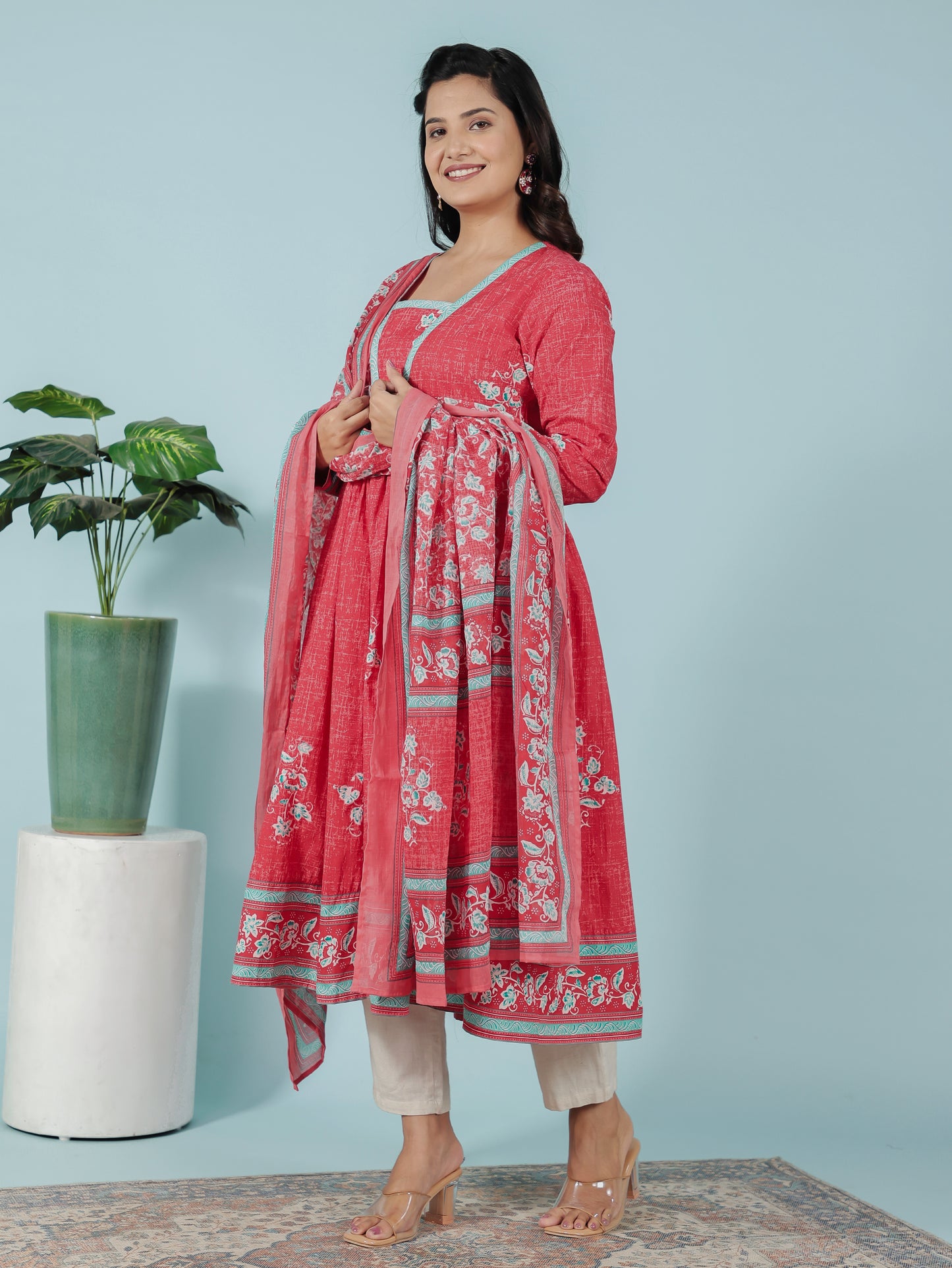 Soft Cotton Floral Anarkali Red Kurta