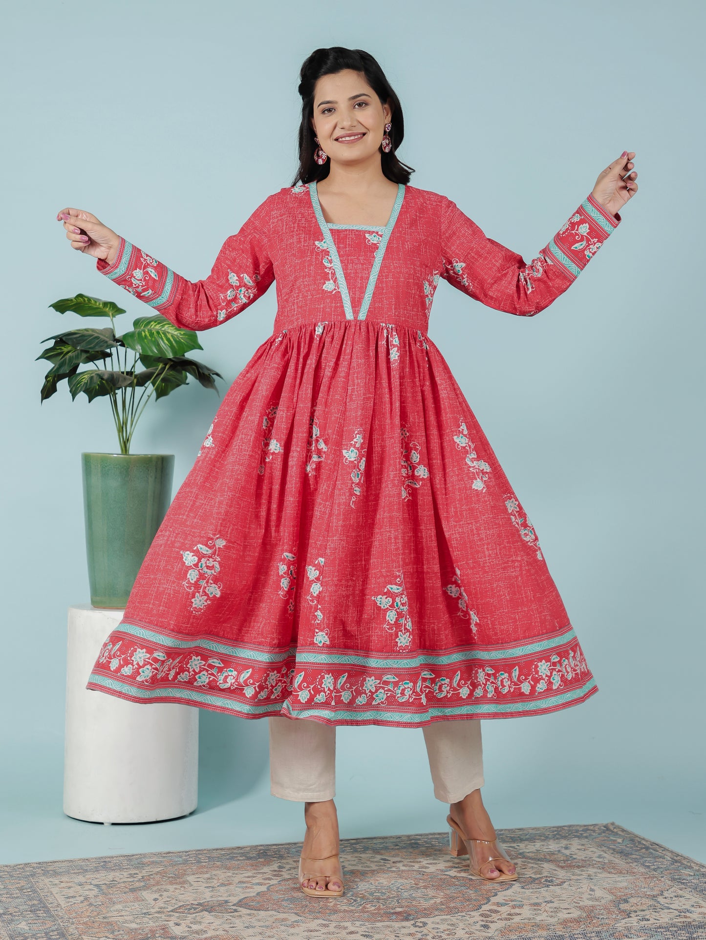 Soft Cotton Floral Anarkali Red Kurta