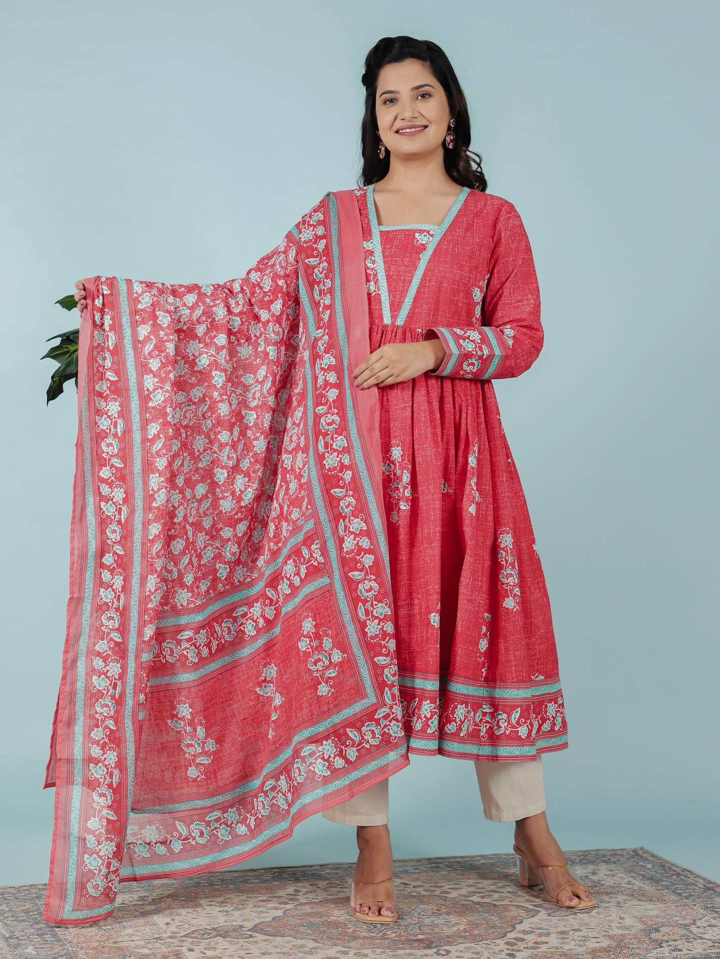 Soft Cotton Floral Anarkali Red Kurta