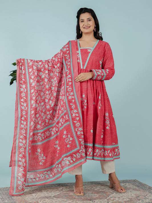 Soft Cotton Floral Anarkali Red Kurta