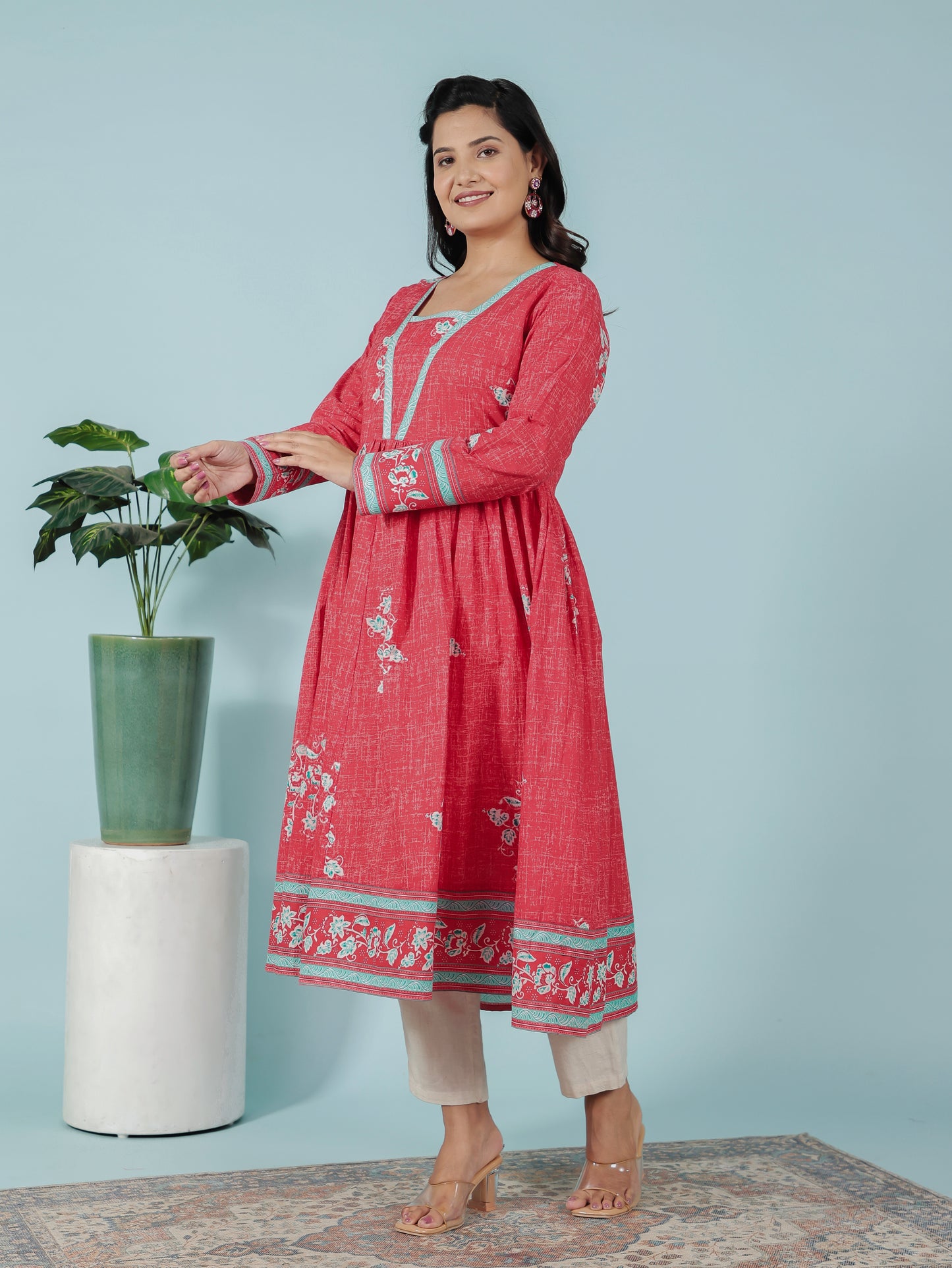 Soft Cotton Floral Anarkali Red Kurta