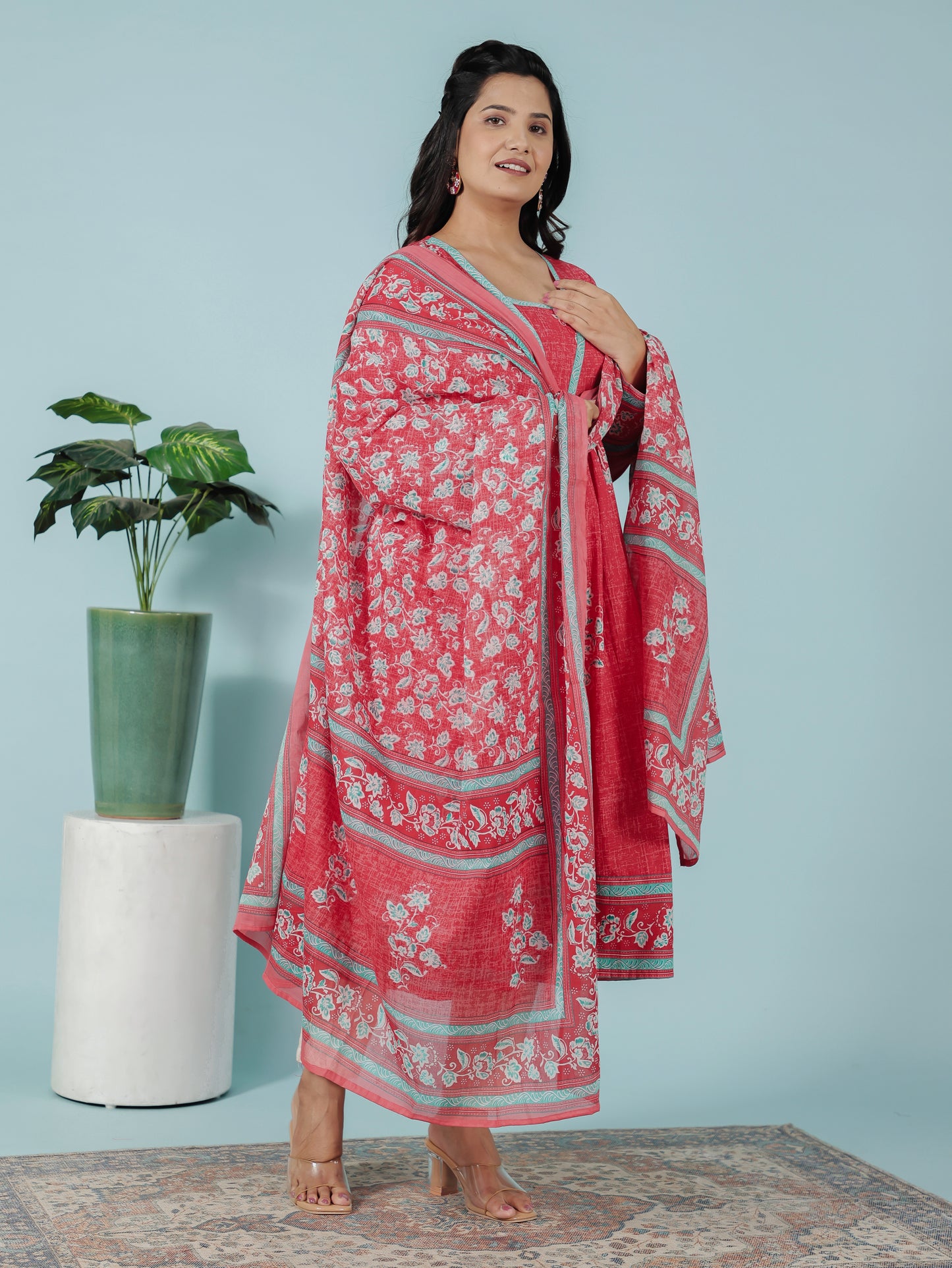 Soft Cotton Floral Anarkali Red Kurta