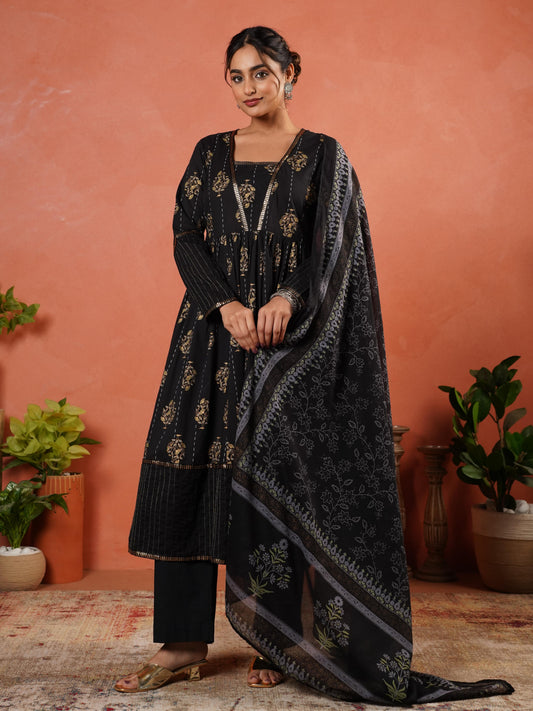 Cotton Voile Floral Black Dupatta
