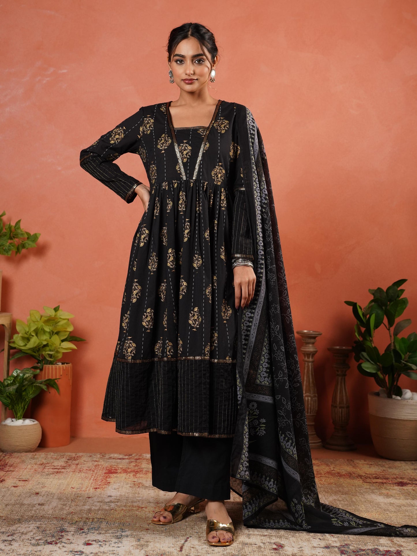 Cotton Voile Floral Black Dupatta