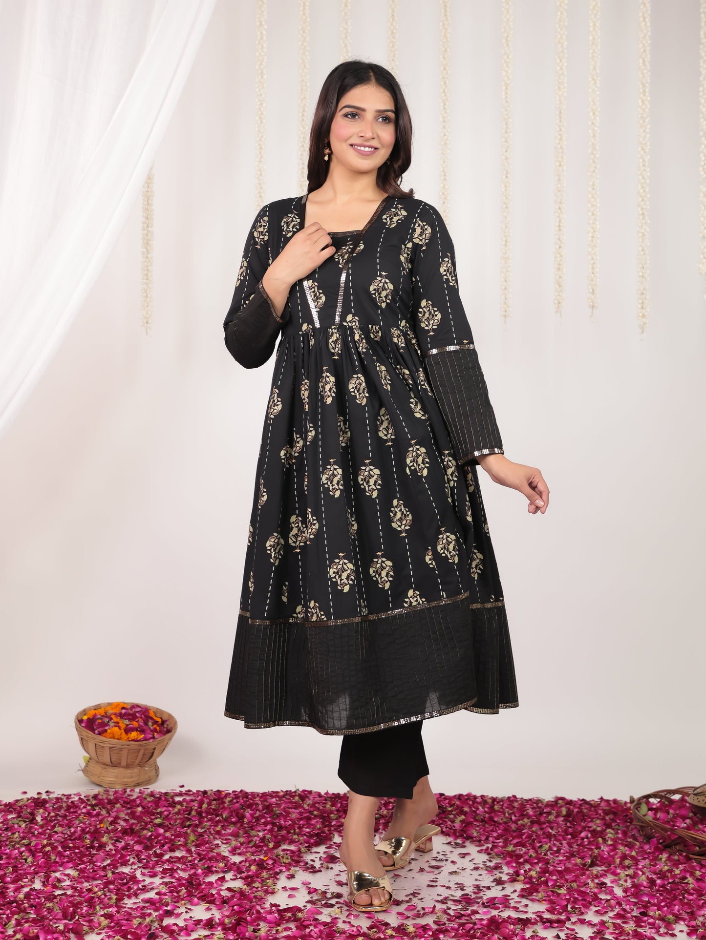 Soft Cotton Floral Anarkali Black Kurta