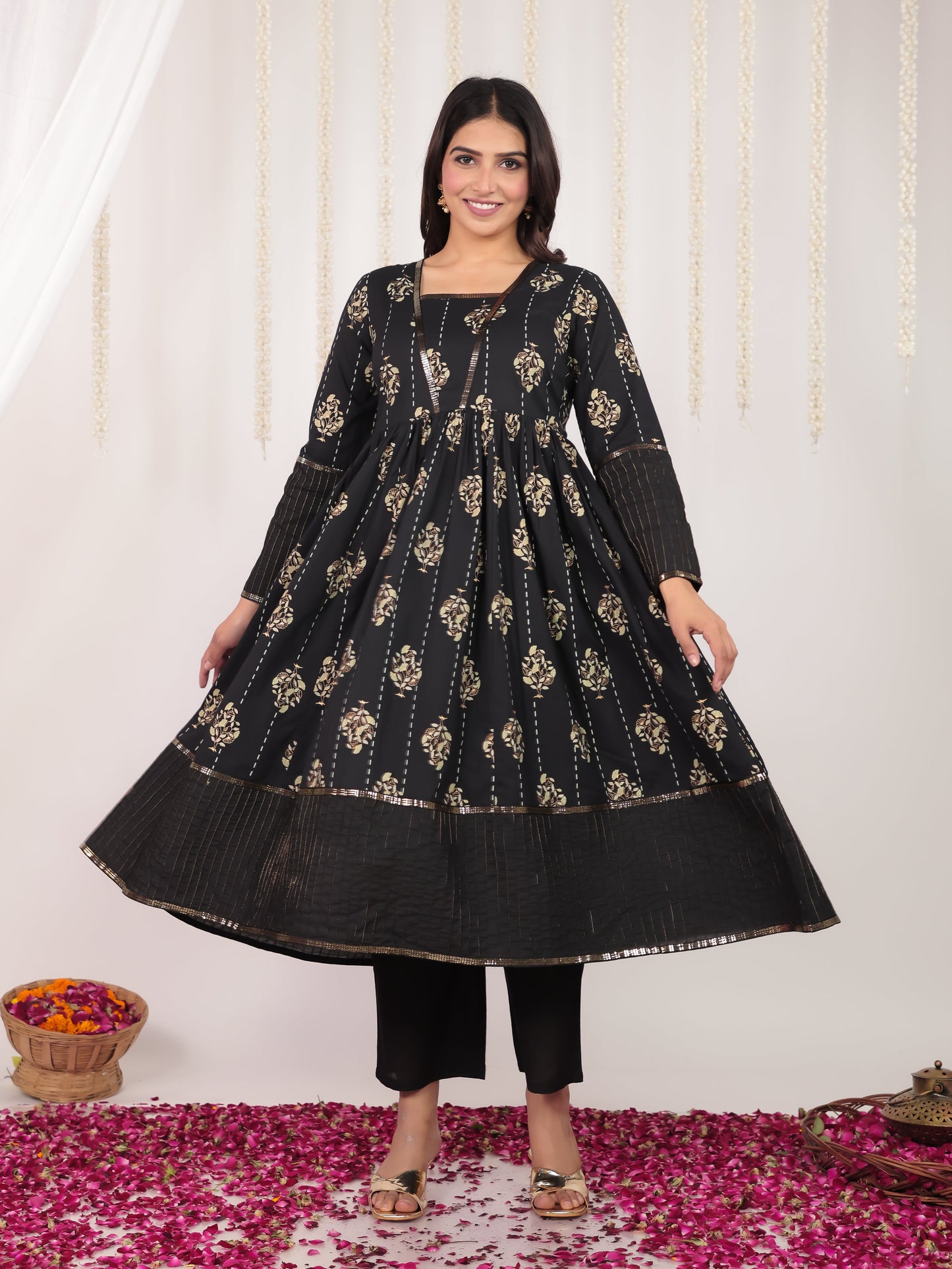 Soft Cotton Floral Anarkali Black Kurta