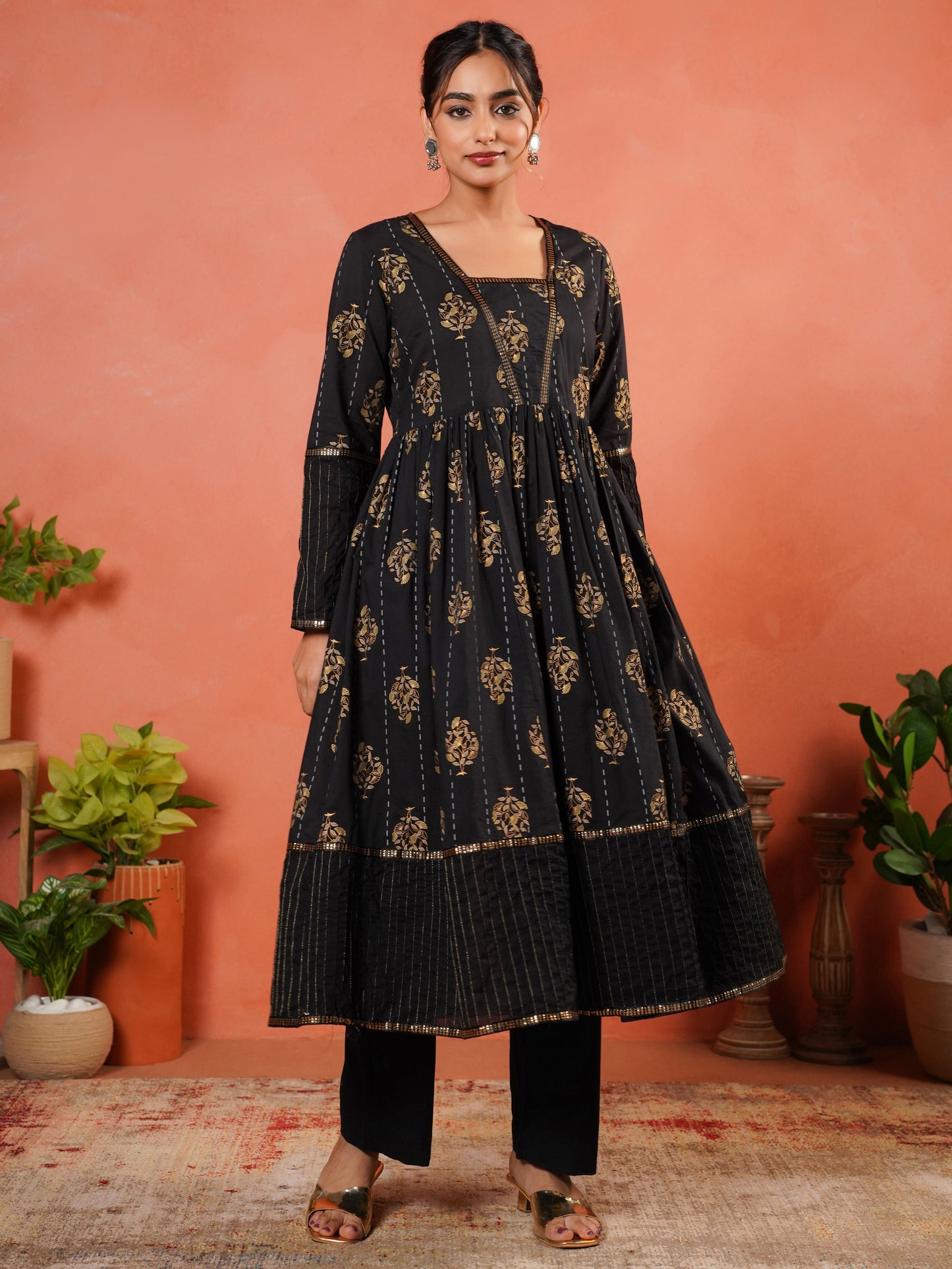 Soft Cotton Floral Anarkali Black Kurta