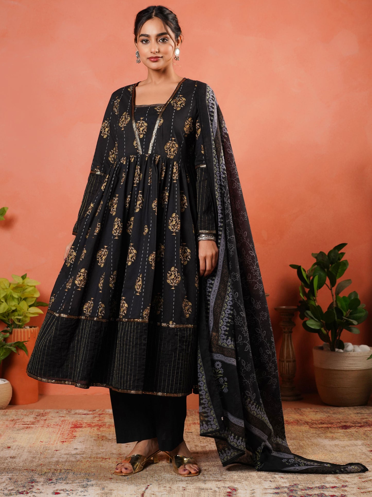 Soft Cotton Floral Anarkali Black Kurta