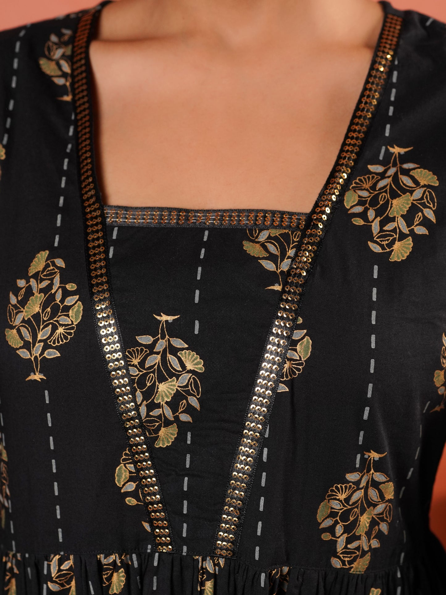 Soft Cotton Floral Anarkali Black Kurta