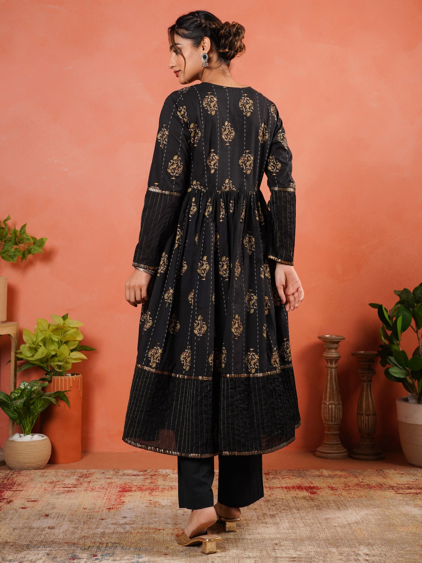 Soft Cotton Floral Anarkali Black Kurta