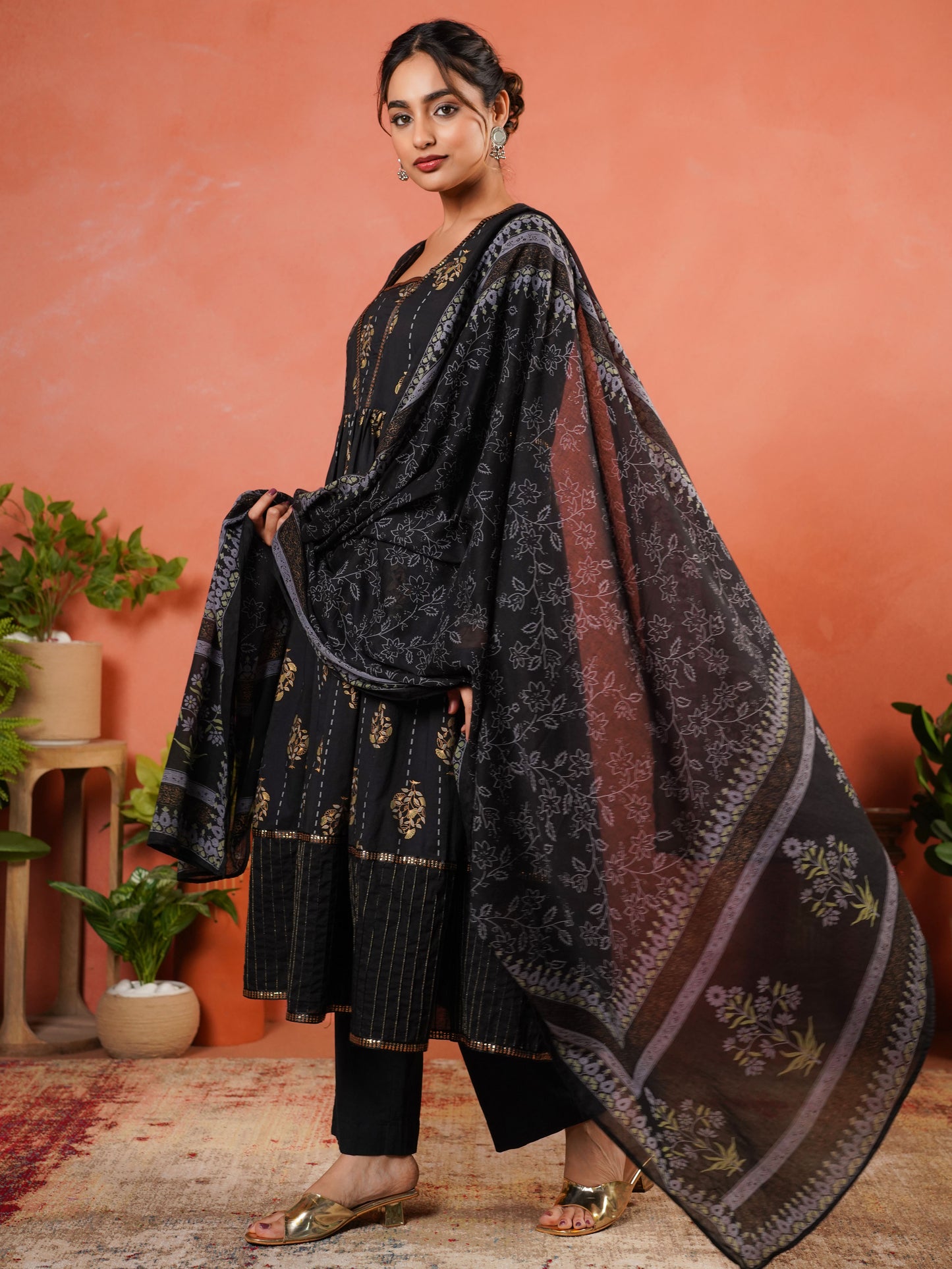 Soft Cotton Floral Anarkali Black Kurta