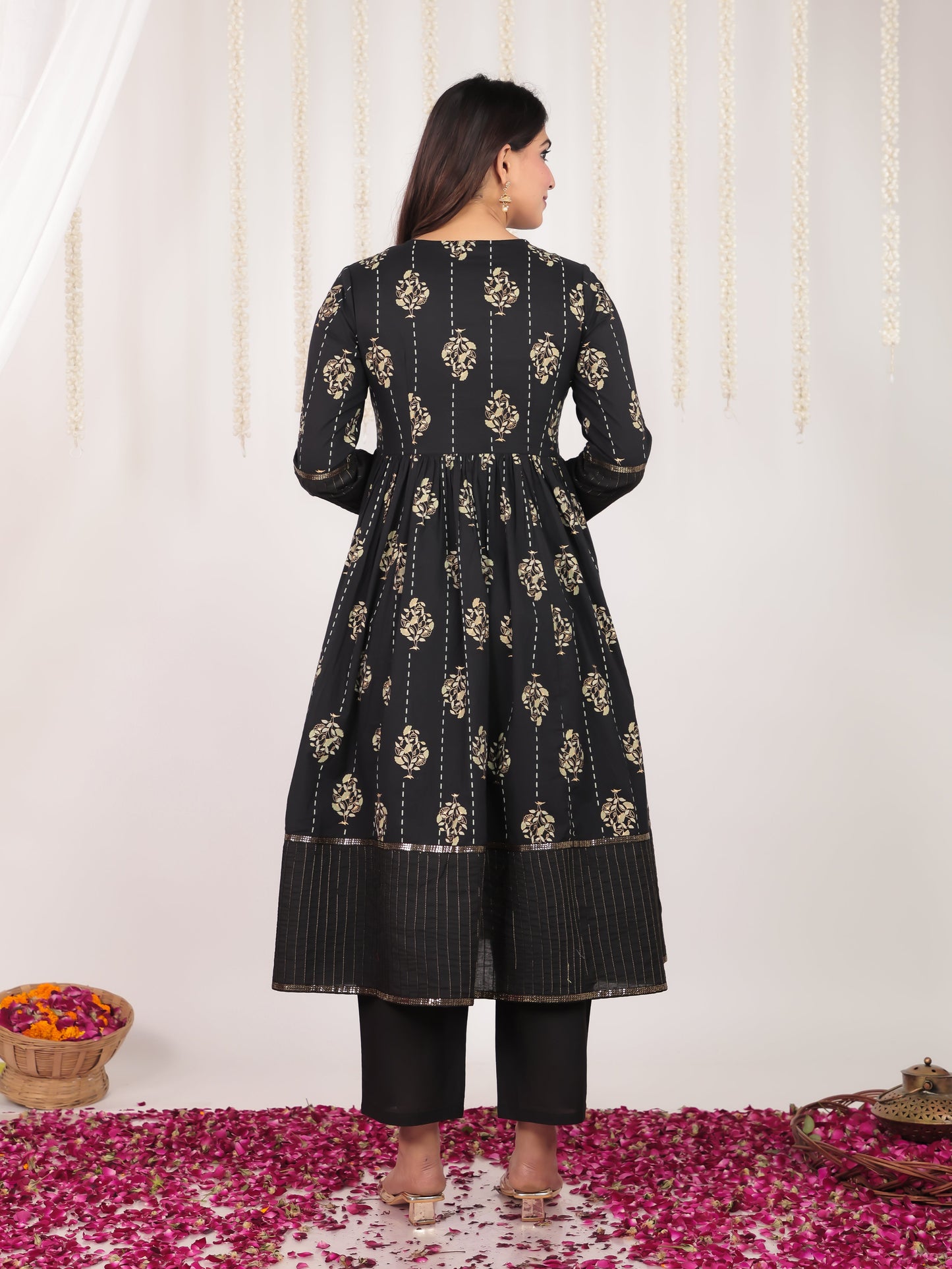 Soft Cotton Floral Anarkali Black Kurta