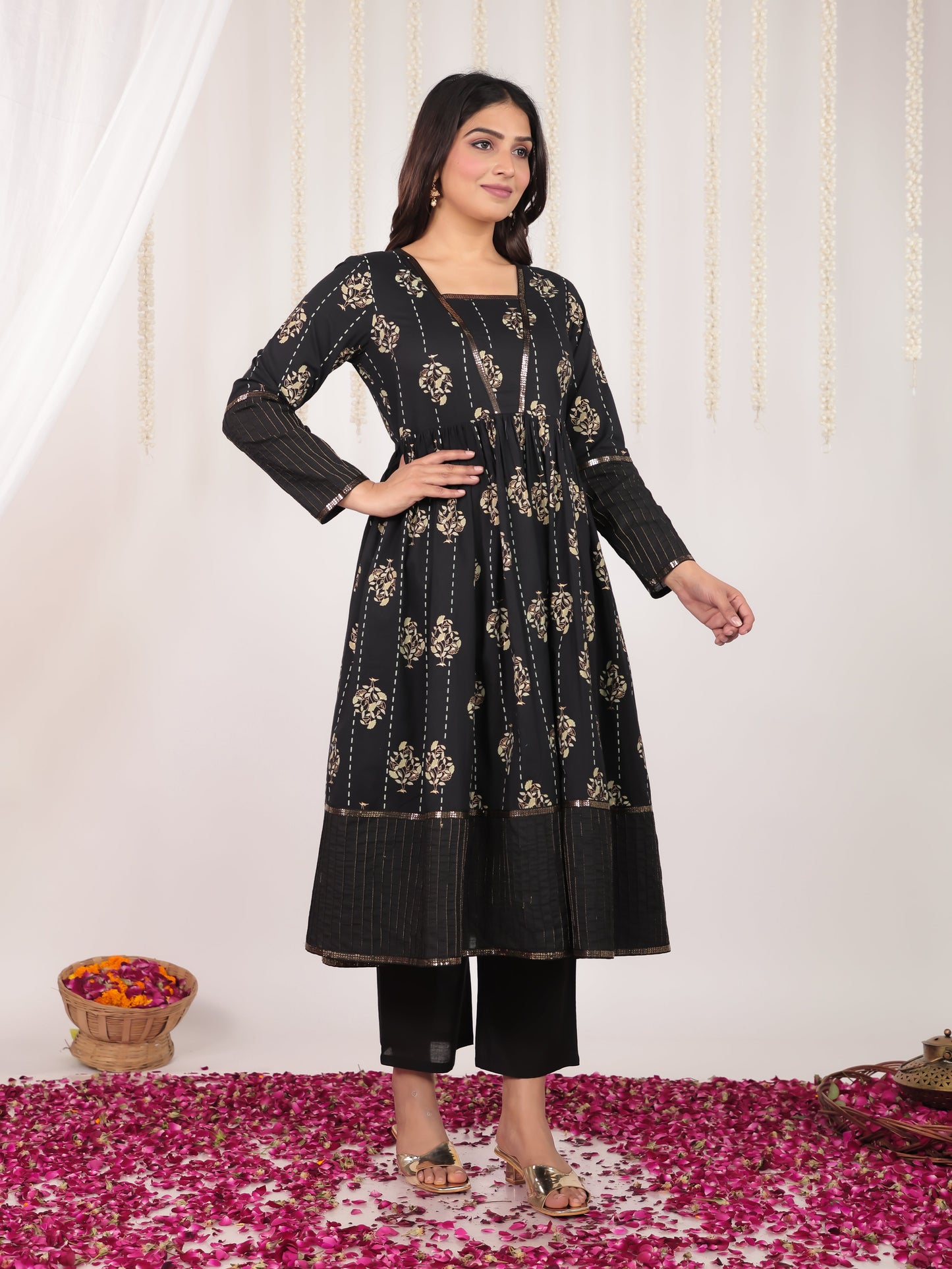 Soft Cotton Floral Anarkali Black Kurta