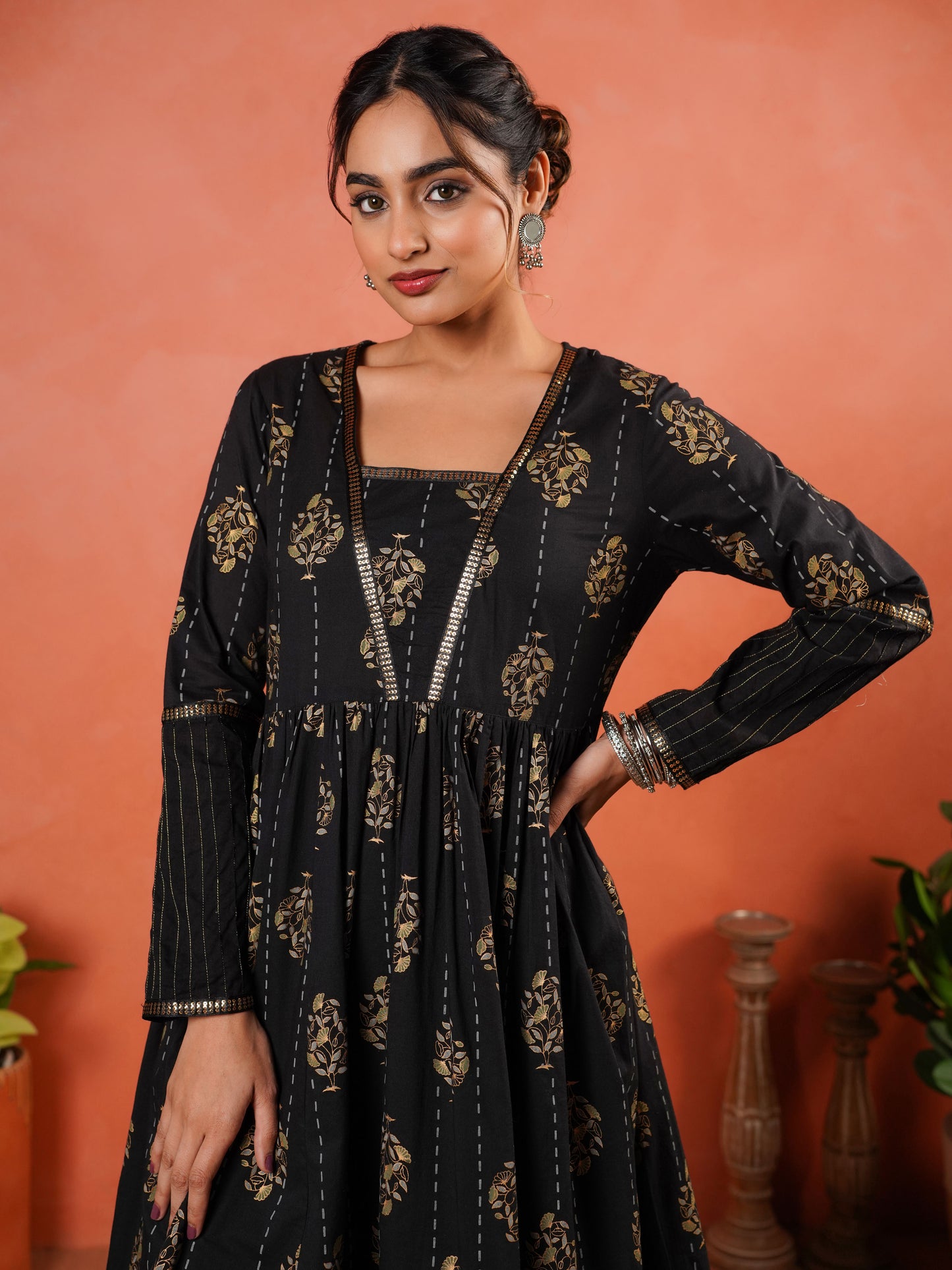 Soft Cotton Floral Anarkali Black Kurta