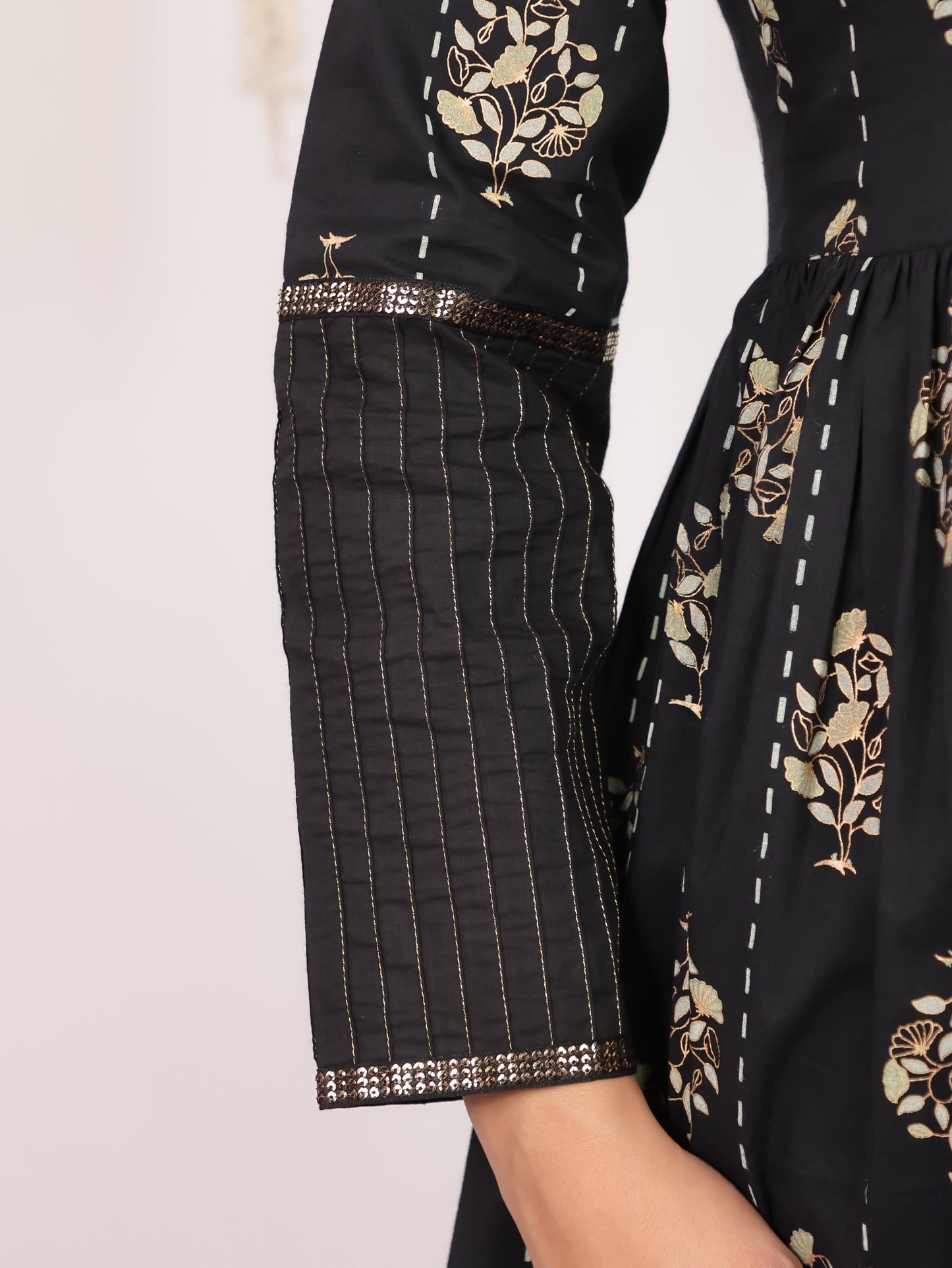 Soft Cotton Floral Anarkali Black Kurta
