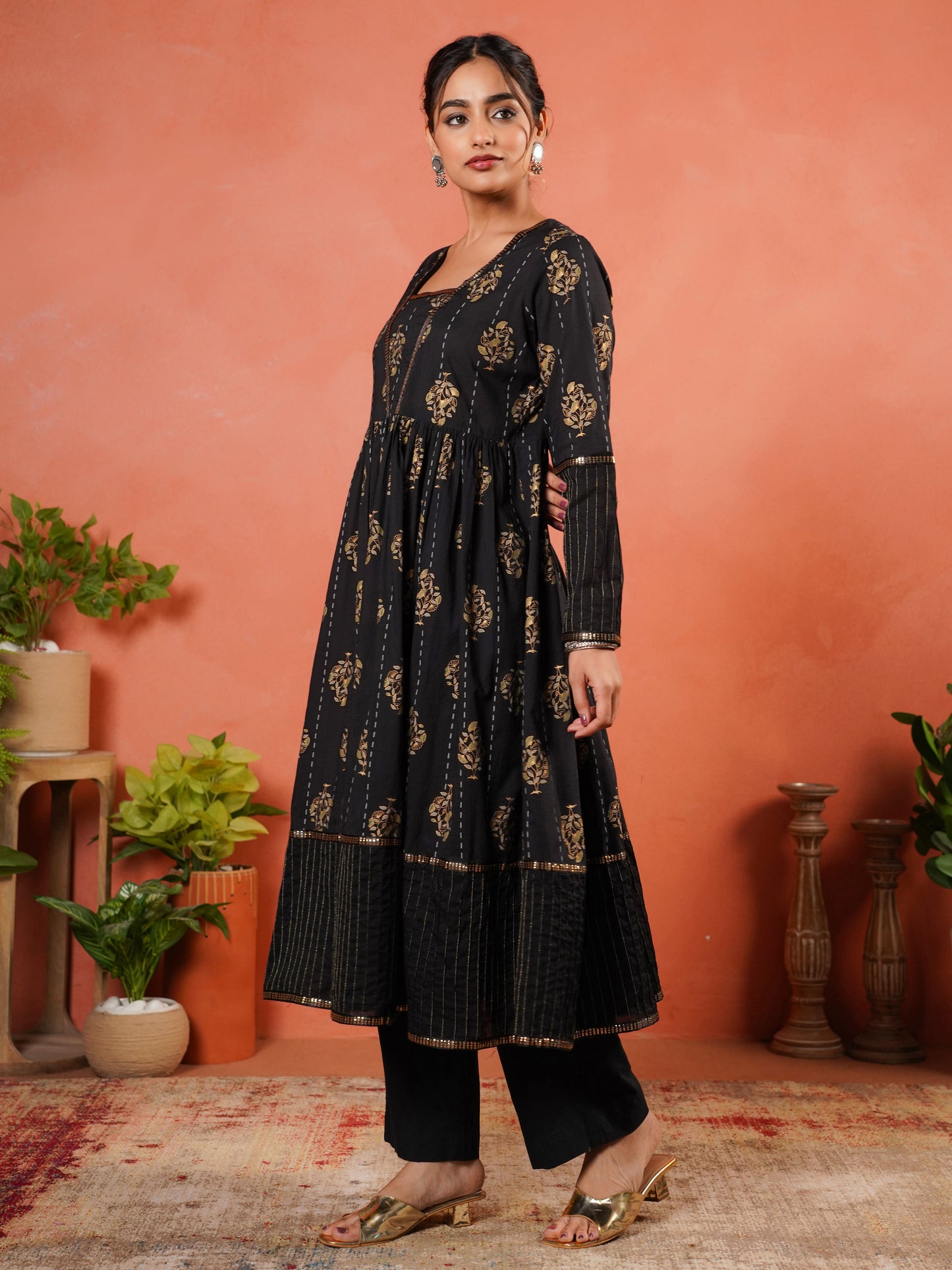 Soft Cotton Floral Anarkali Black Kurta